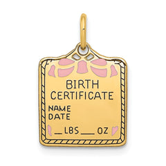 14K Gold Pink Enameled Engravable Birth Certificate Pendant