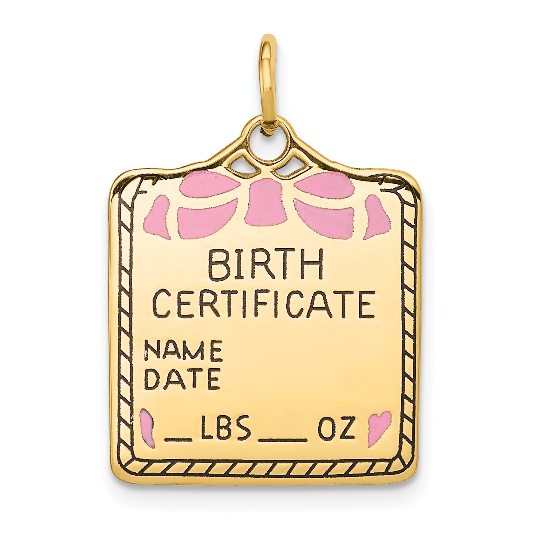 14k Enameled Pink Engravable Birth Certificate Charm Main image