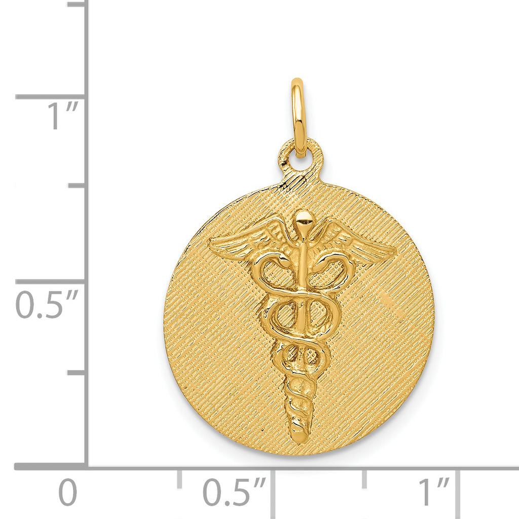 14K Gold Caduceus Disc Charm with Polished Engravable Design