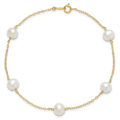 14K 7-8mm White Near Round FW Cultured Pearl 5-station 9in Anklet