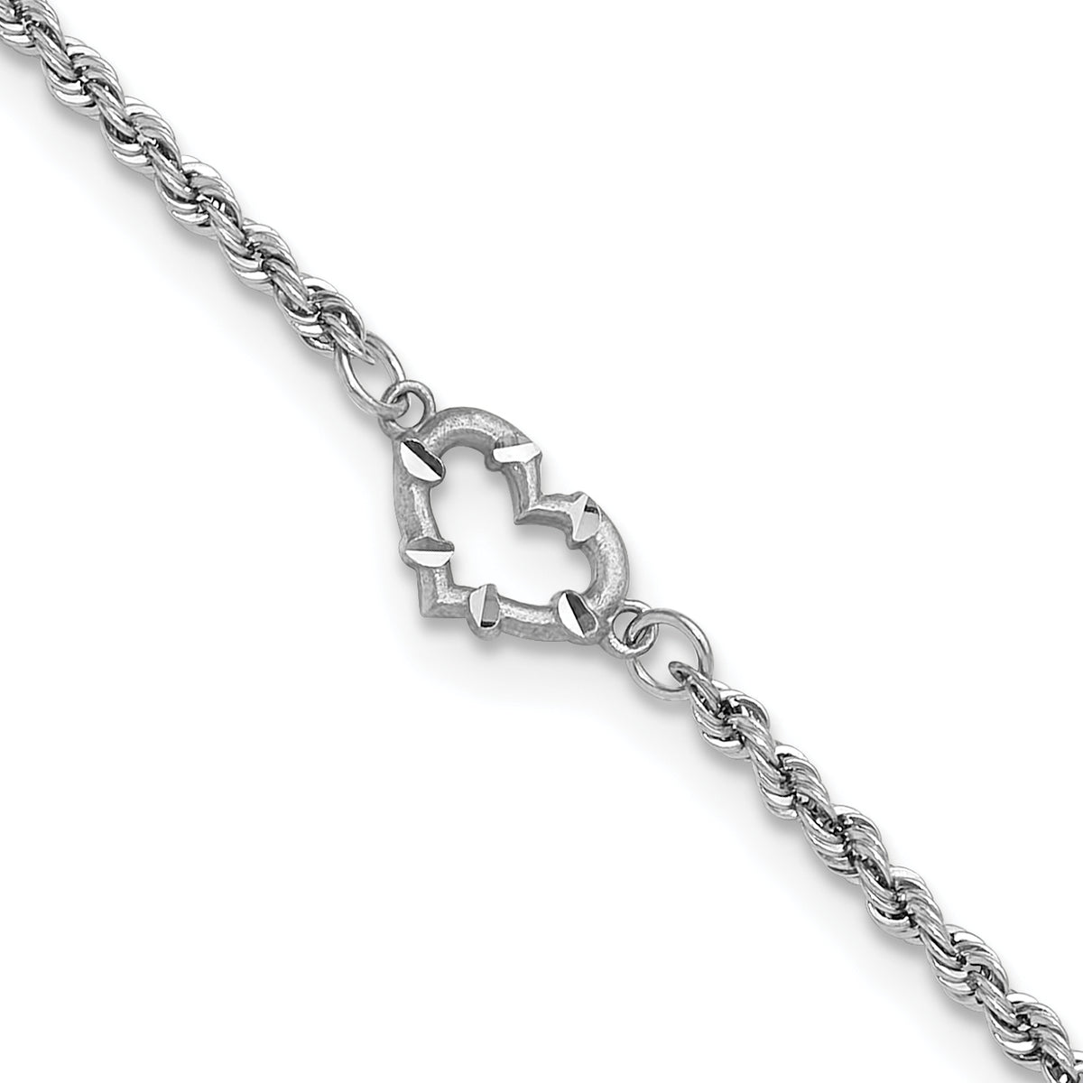 14k White Gold Diamond-cut Rope with Heart 10in Anklet