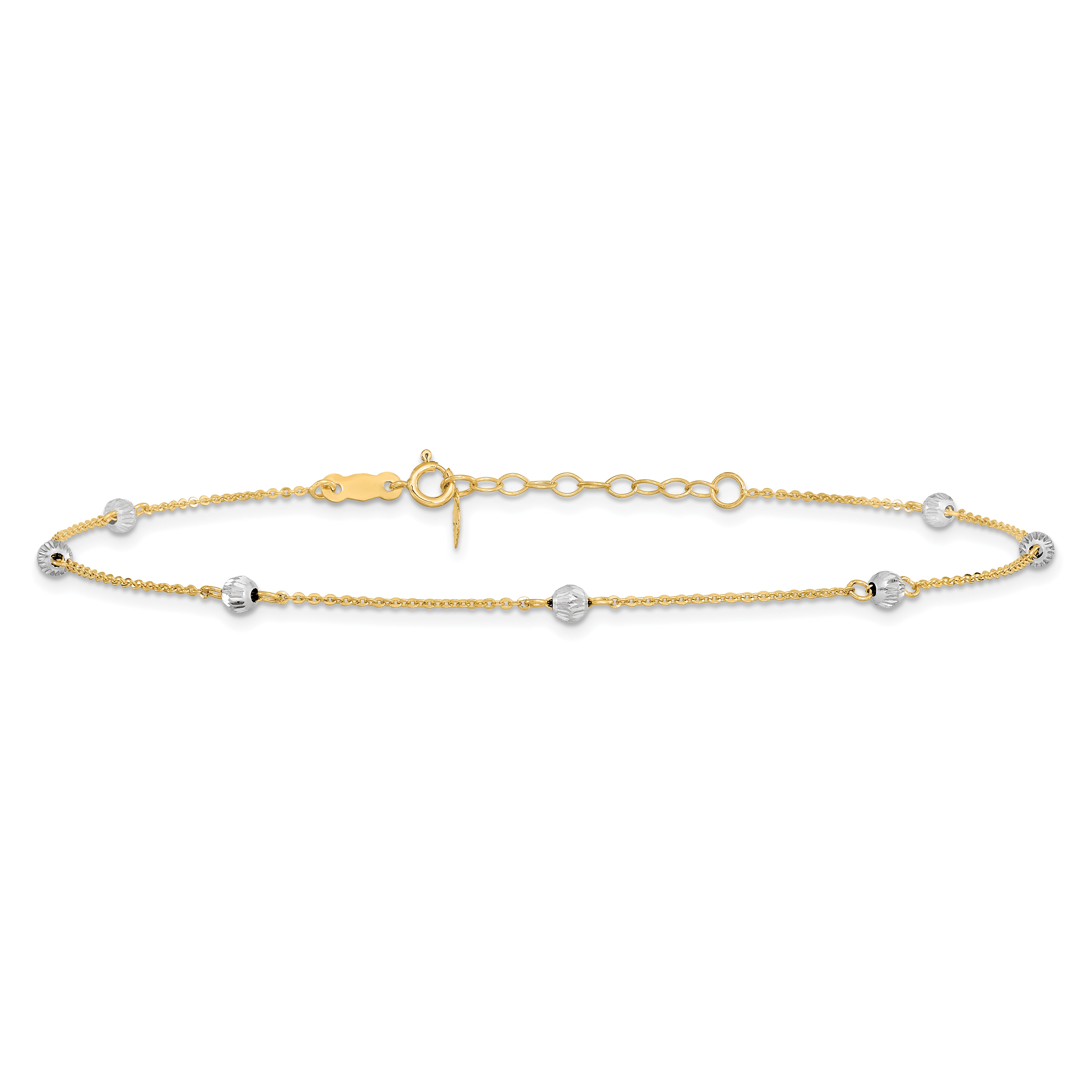 14K Two-tone Diamond-cut Beads 9in Plus 1in Ext. Anklet