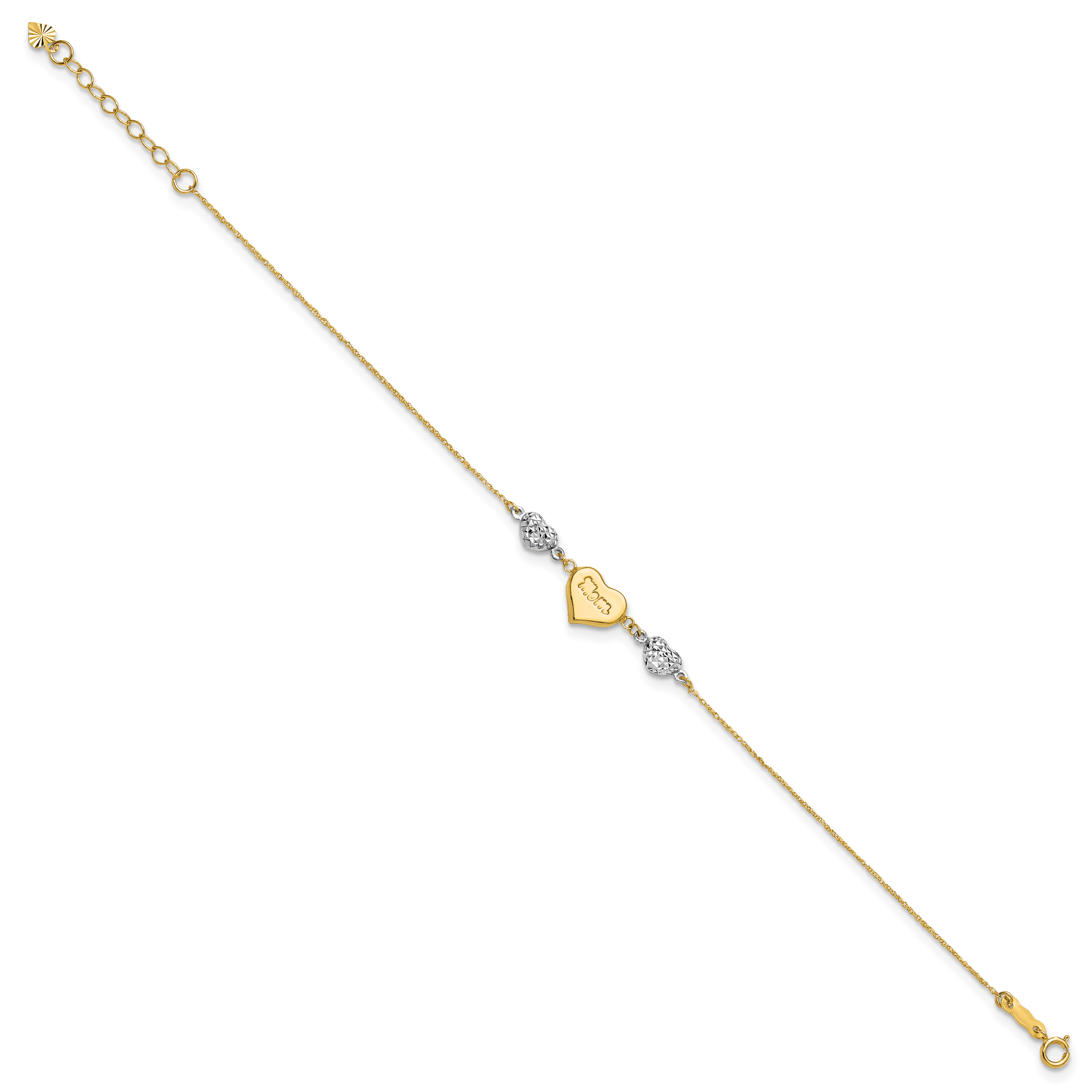 14K Two Tone Puffed MOM Heart 7in w/ 1 In Ext Bracelet Secondary image