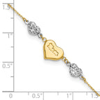 14K Two Tone Puffed MOM Heart 7in w/ 1 In Ext Bracelet