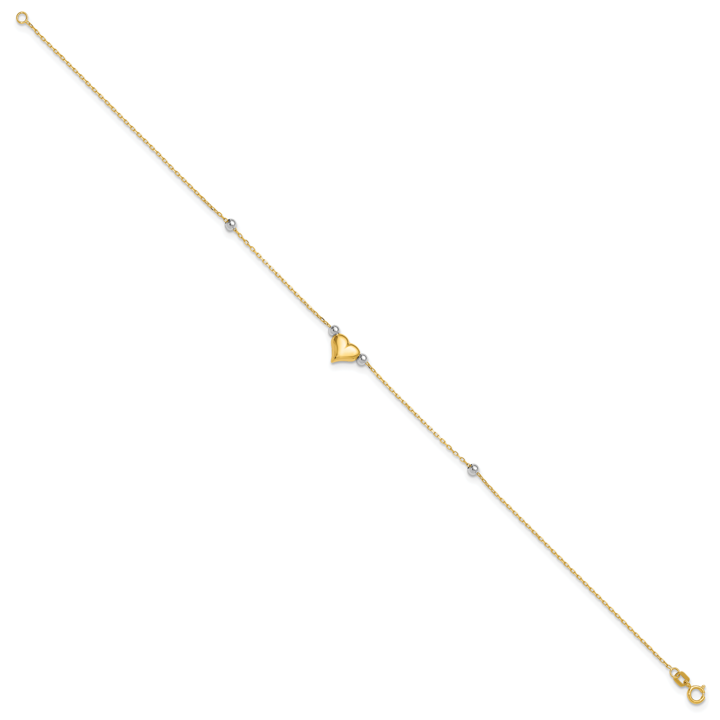 14k Two-Tone Polished Puffed Heart with Beads 10in Anklet Secondary image