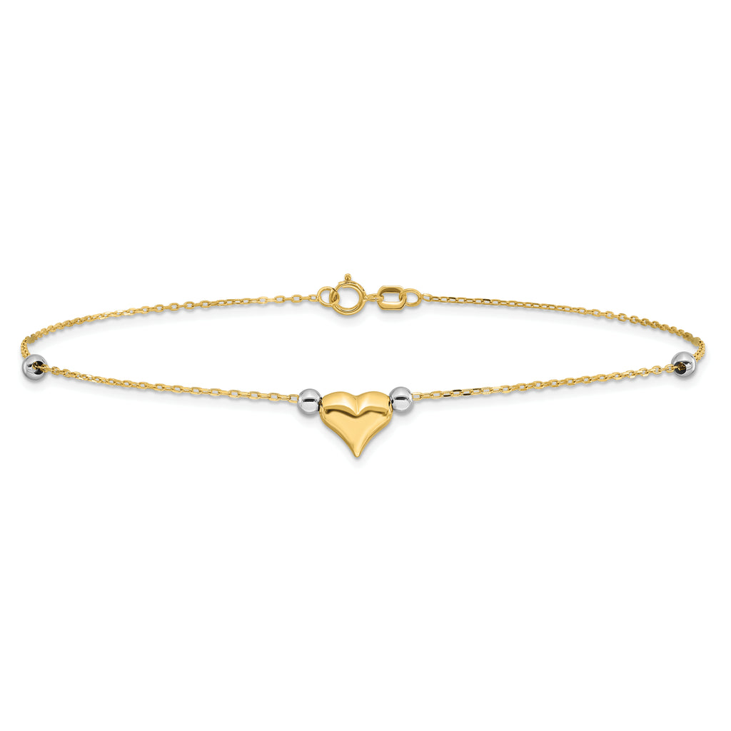 14k Two-Tone Polished Puffed Heart with Beads 10in Anklet