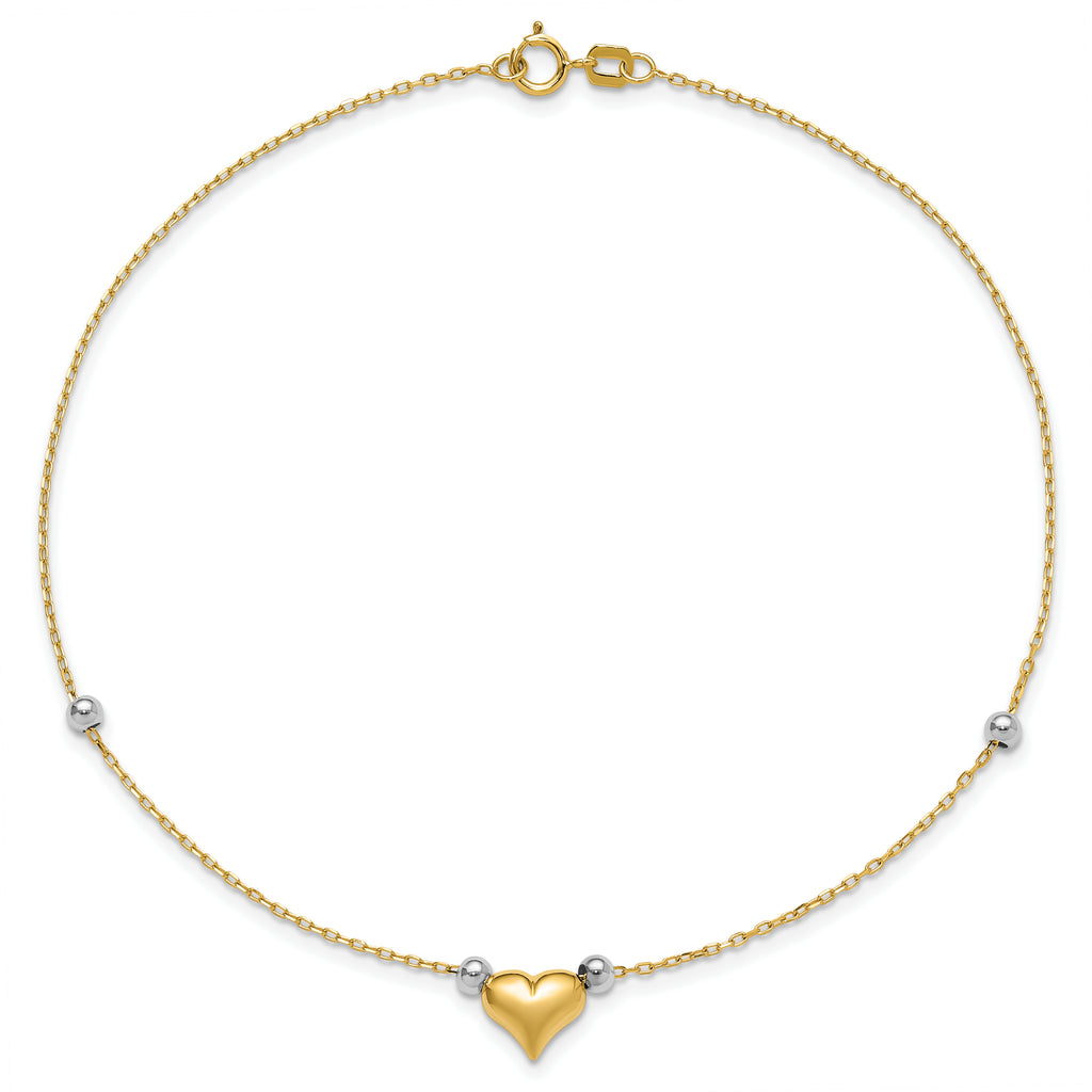 14k Two-Tone Polished Puffed Heart with Beads 10in Anklet