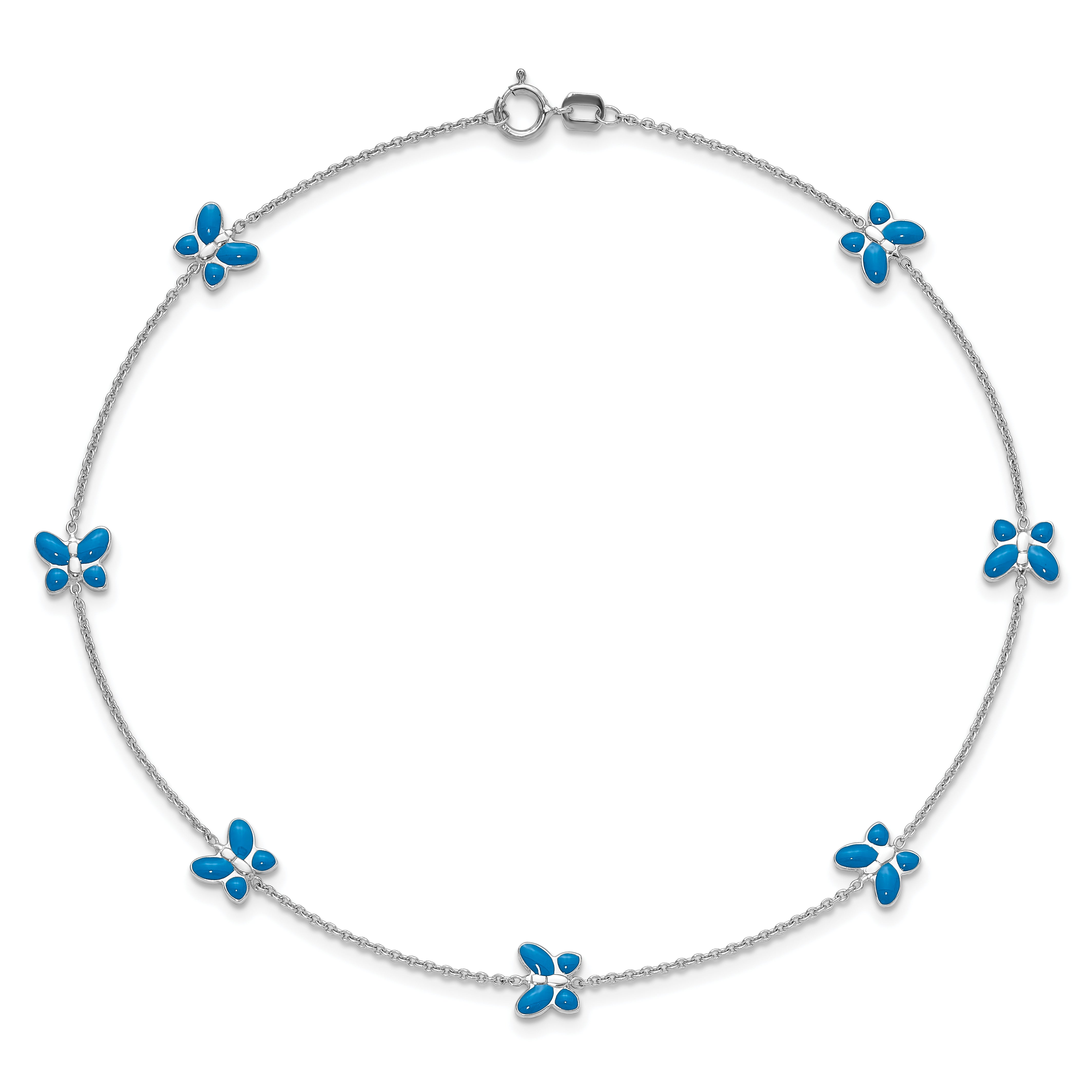 14k White Gold Blue Enameled Butterfly 10inch Anklet