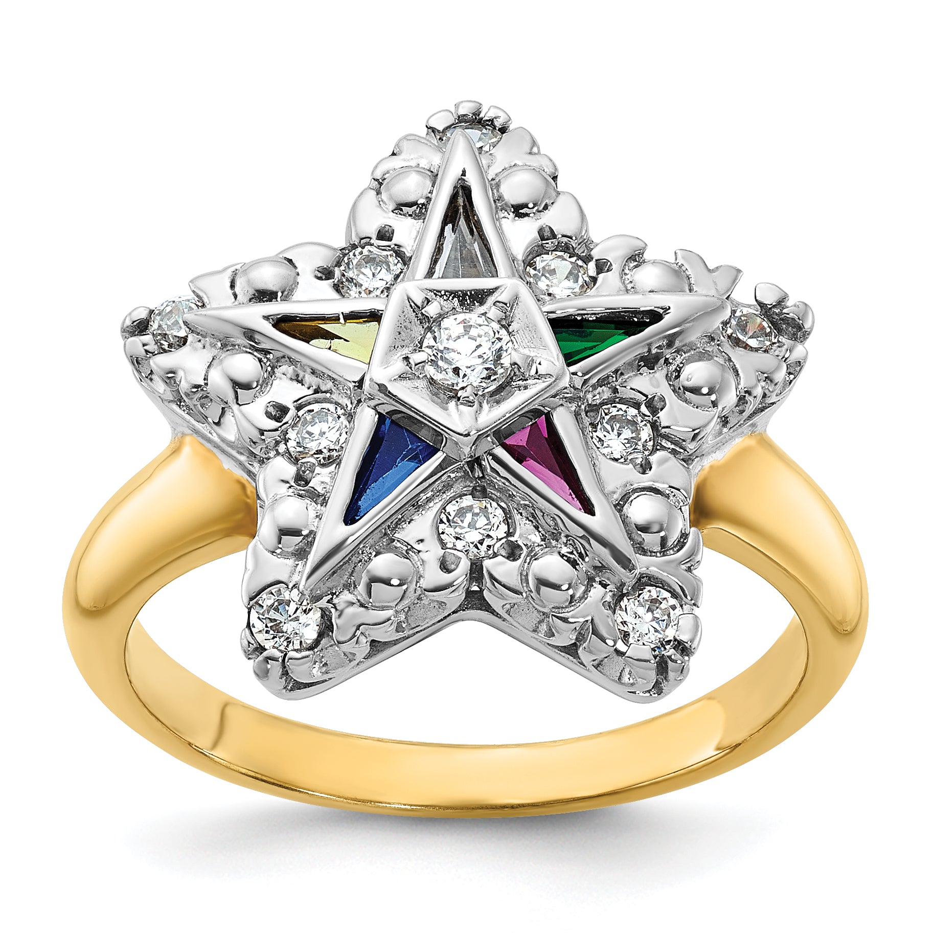 IBGoodman 10k Two-tone Women's Polished and Beaded with Multi-color CZ and Diamond Eastern Star Masonic Ring Main image
