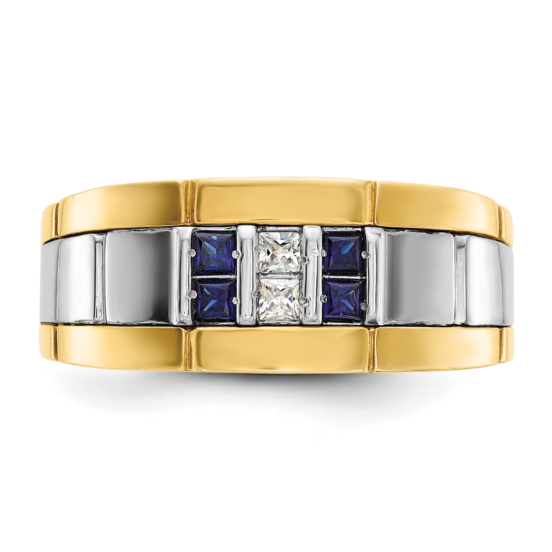 IBGoodman 10k Two-tone Men's Polished and Grooved Lab Created Sapphire and 1/10 Carat A Quality Diamond Ring