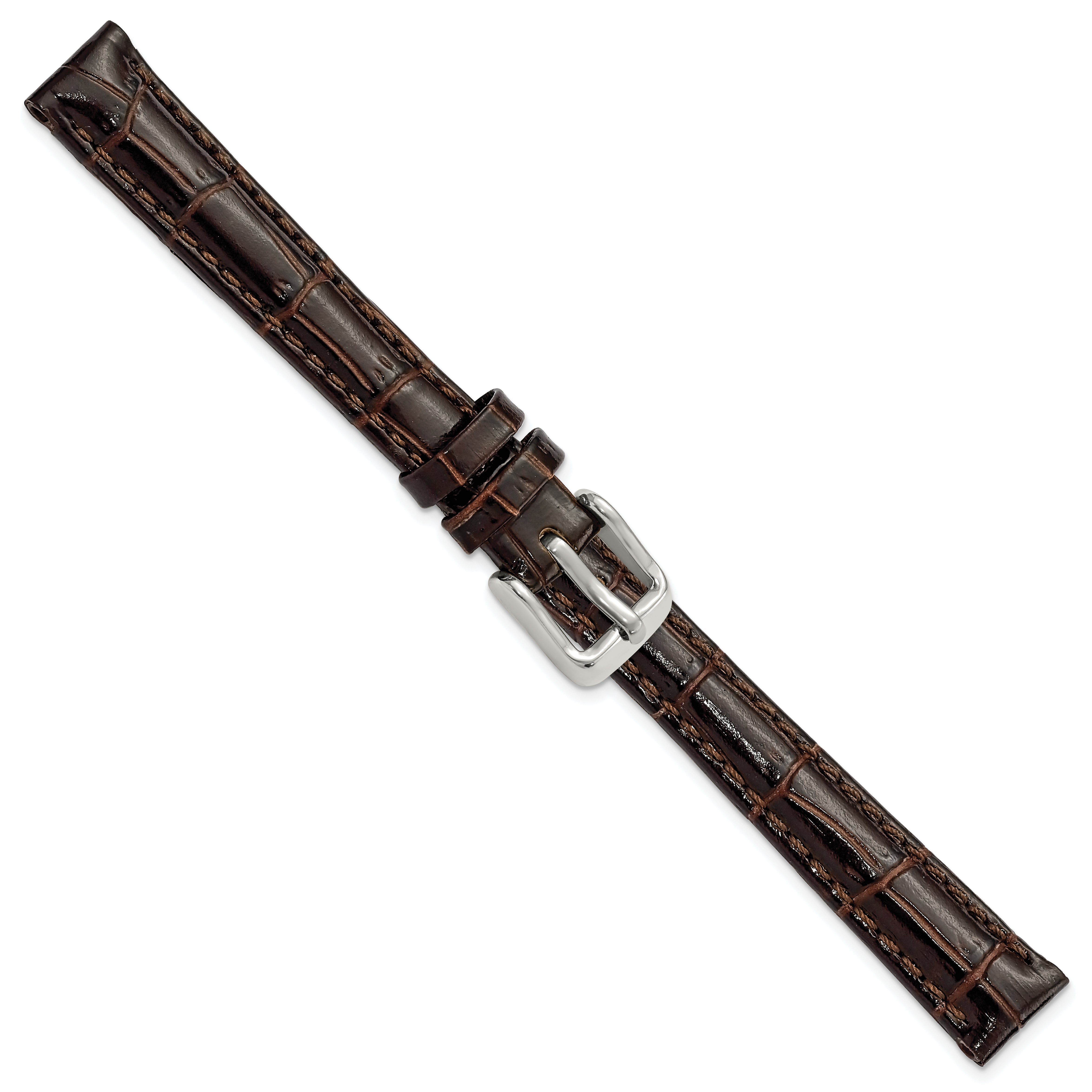 12mm Dark Brown Crocodile Grain Chronograph Leather with Silver-tone Buckle 6.75 inch Watch Band