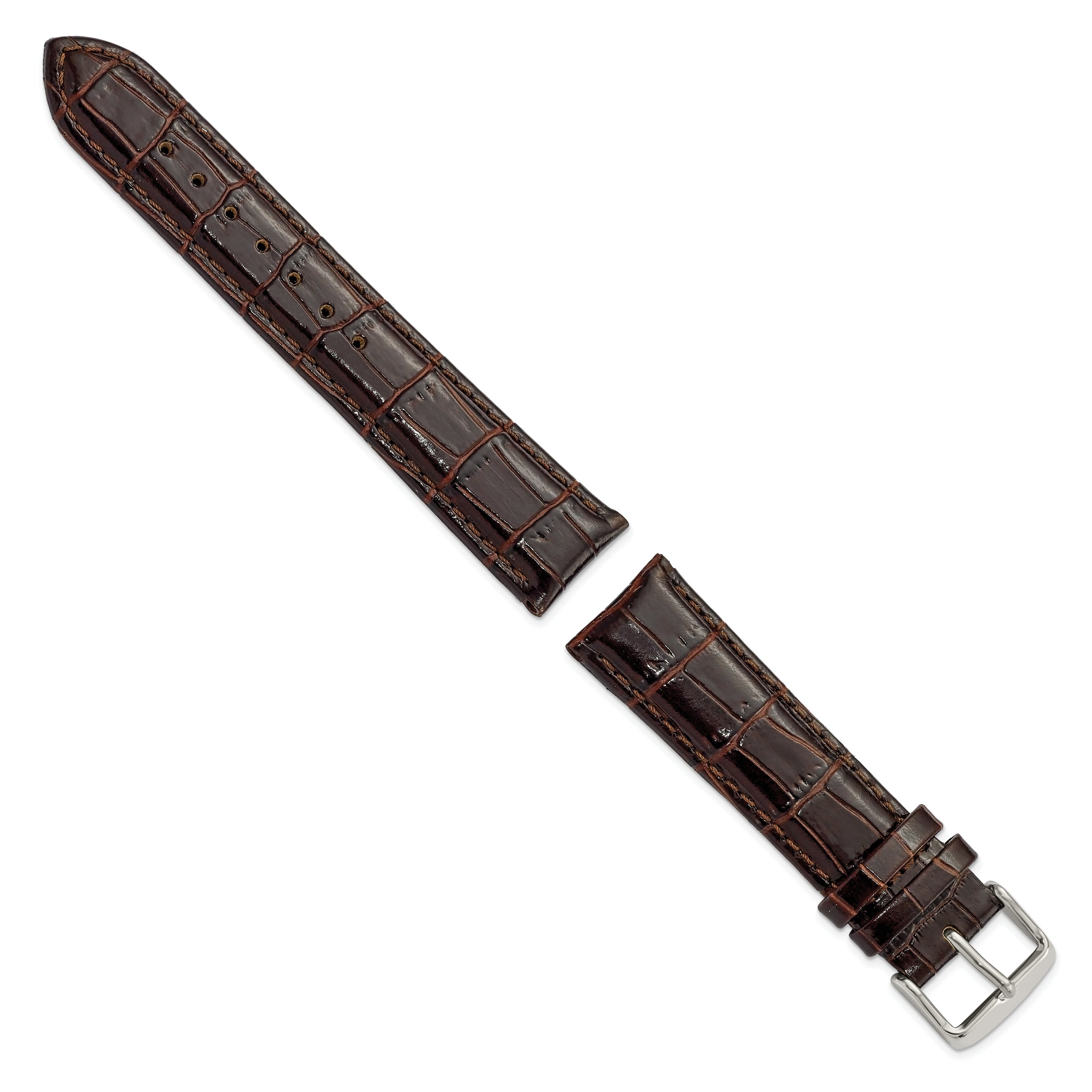 12mm Dark Brown Crocodile Grain Chronograph Leather with Silver-tone Buckle 6.75 inch Watch Band