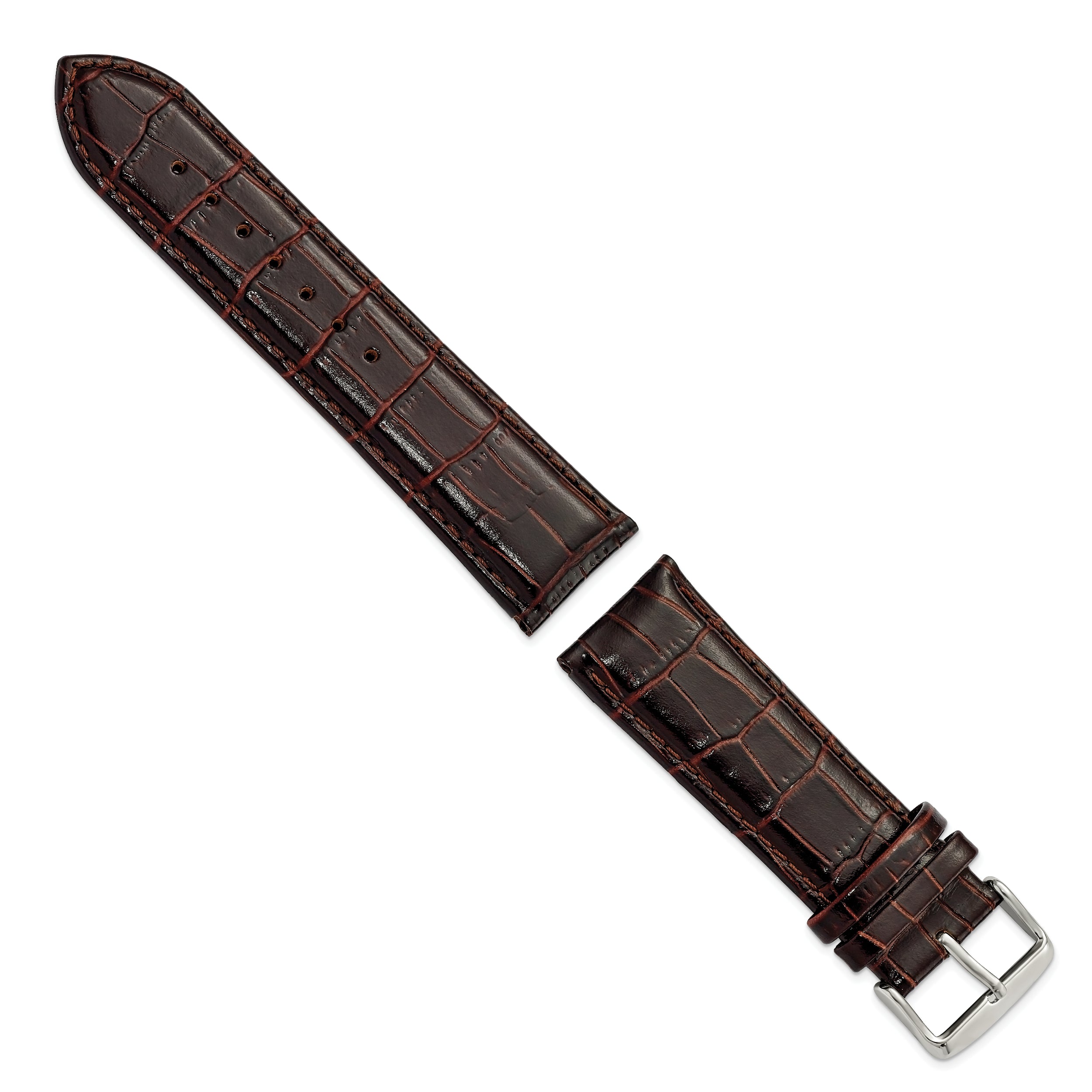 12mm Dark Brown Crocodile Grain Chronograph Leather with Silver-tone Buckle 6.75 inch Watch Band