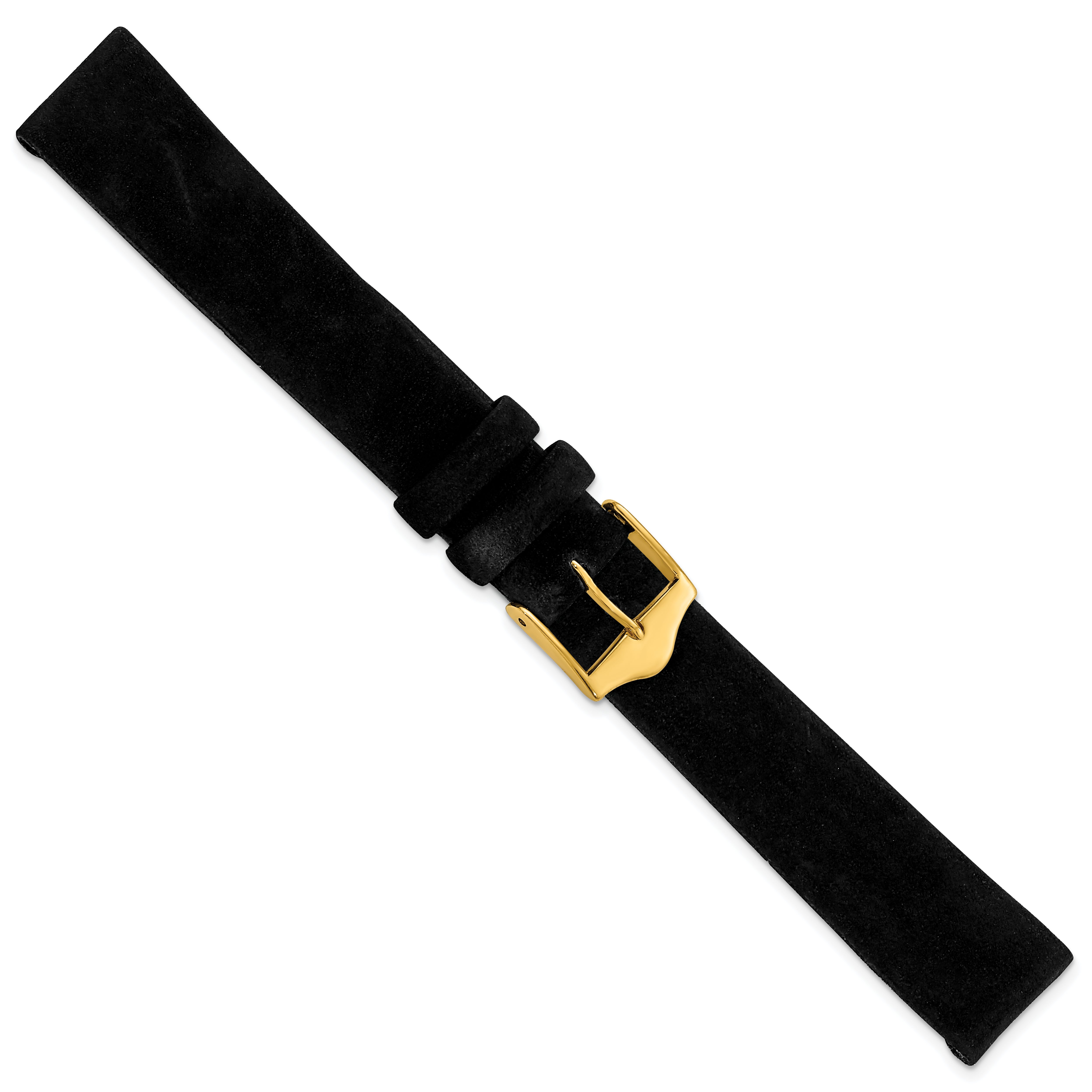 12mm Black Suede Flat Leather with Gold-tone Buckle 6.75 inch Watch Band - 12 / 6.75