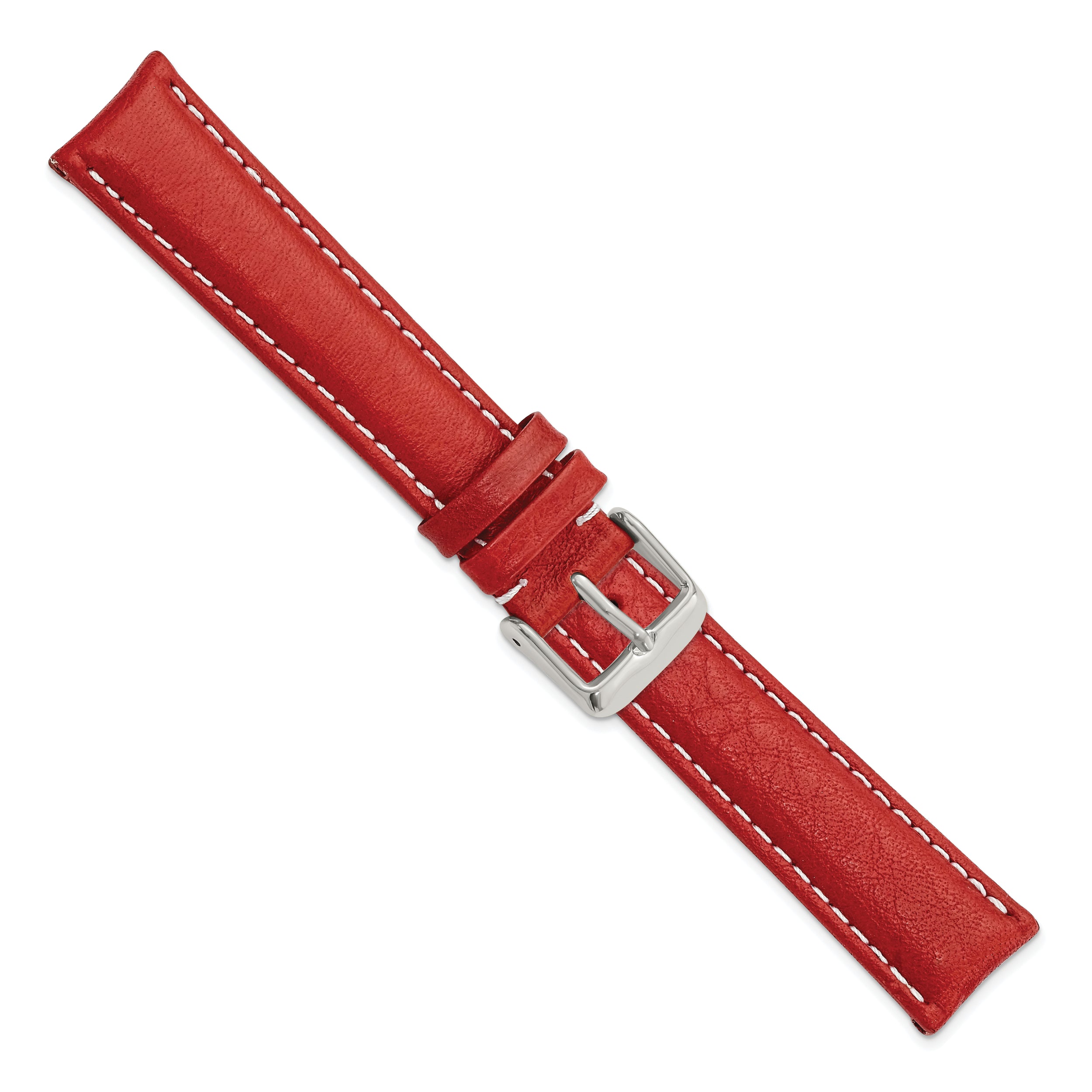 16mm Red Sport Leather with White Stitching and Silver-tone Buckle 7.5 inch Watch Band