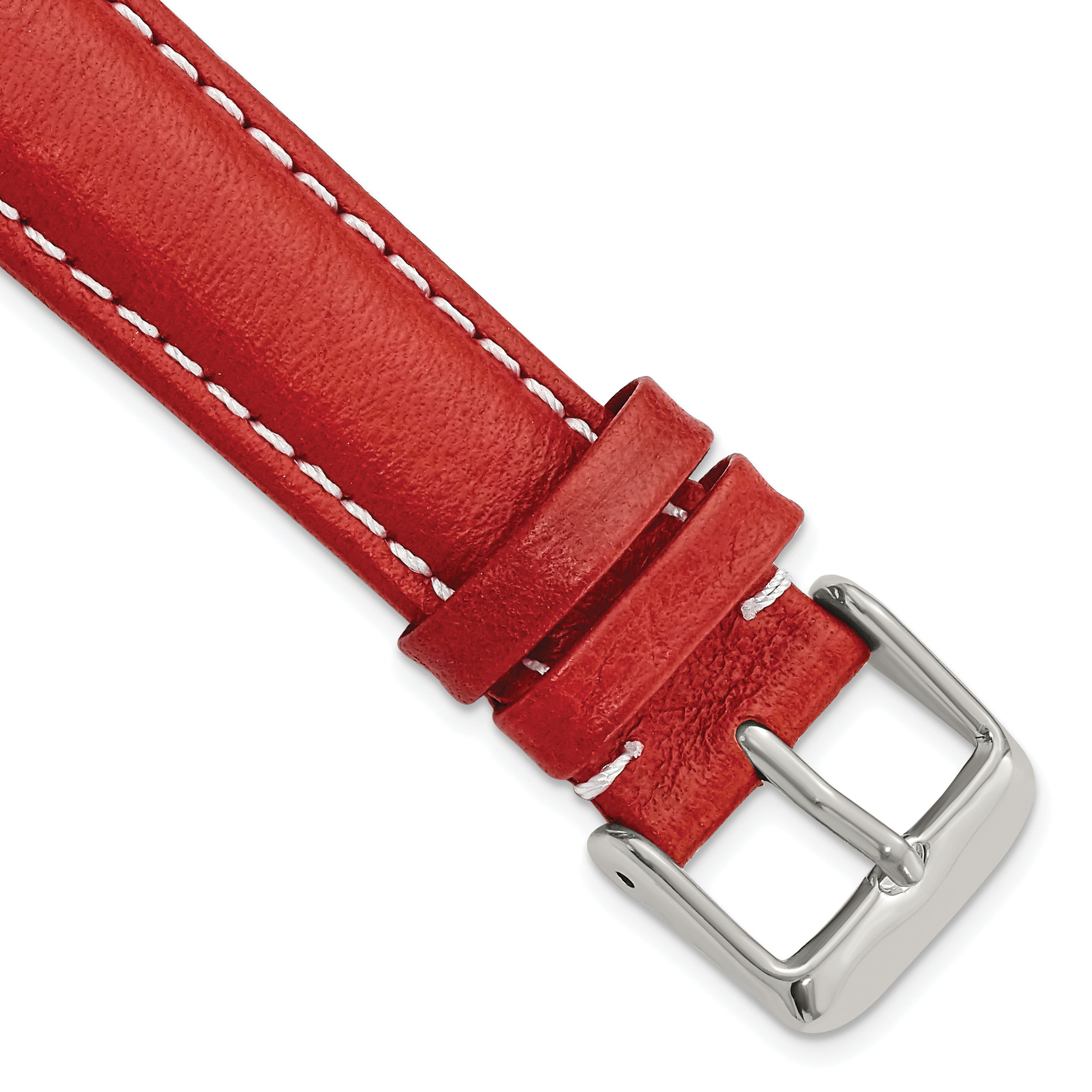 DeBeer 19mm Red Sport Leather with White Stitching and Silver-tone Buckle 7.5 inch Watch Band