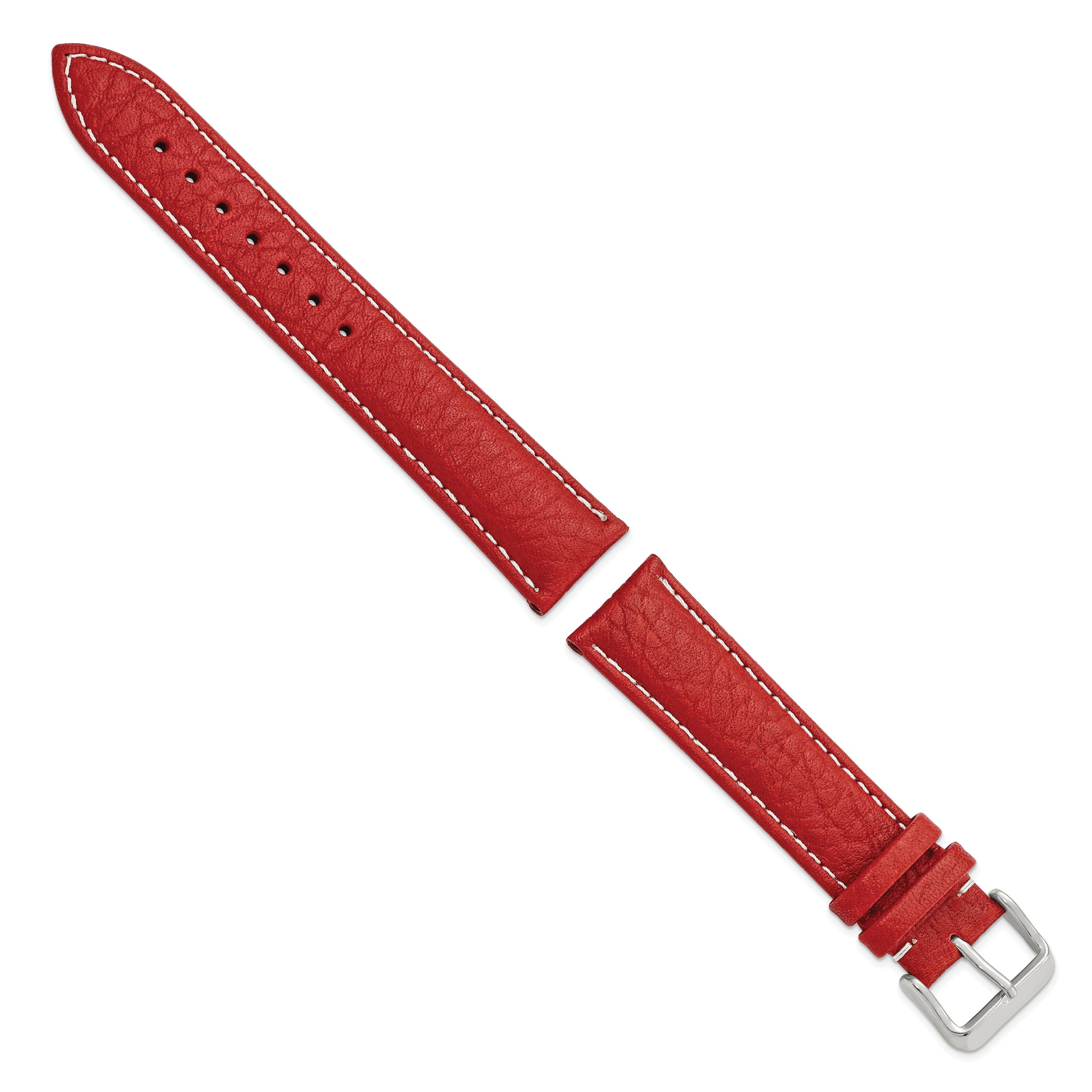 16mm Red Sport Leather with White Stitching and Silver-tone Buckle 7.5 inch Watch Band