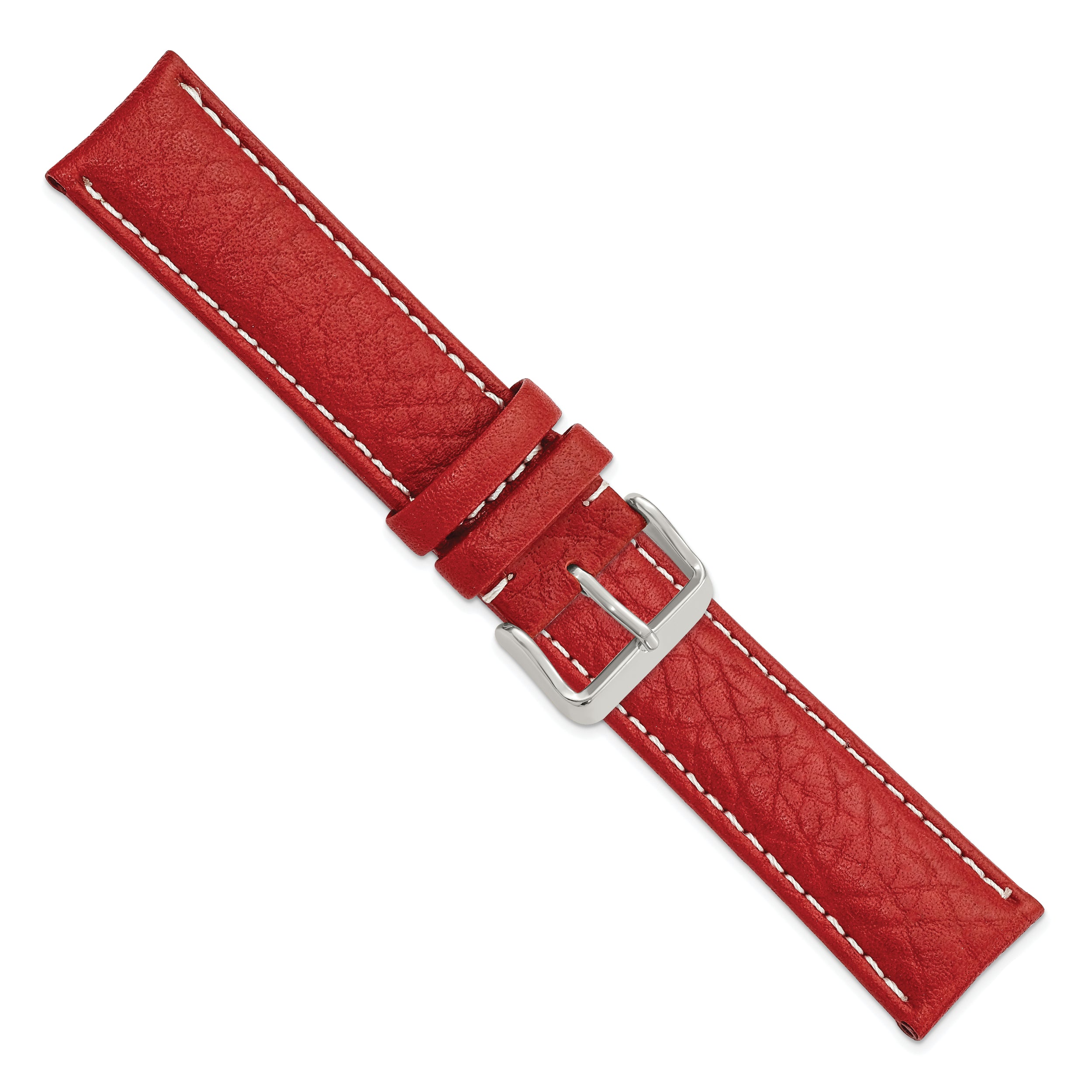 16mm Red Sport Leather with White Stitching and Silver-tone Buckle 7.5 inch Watch Band