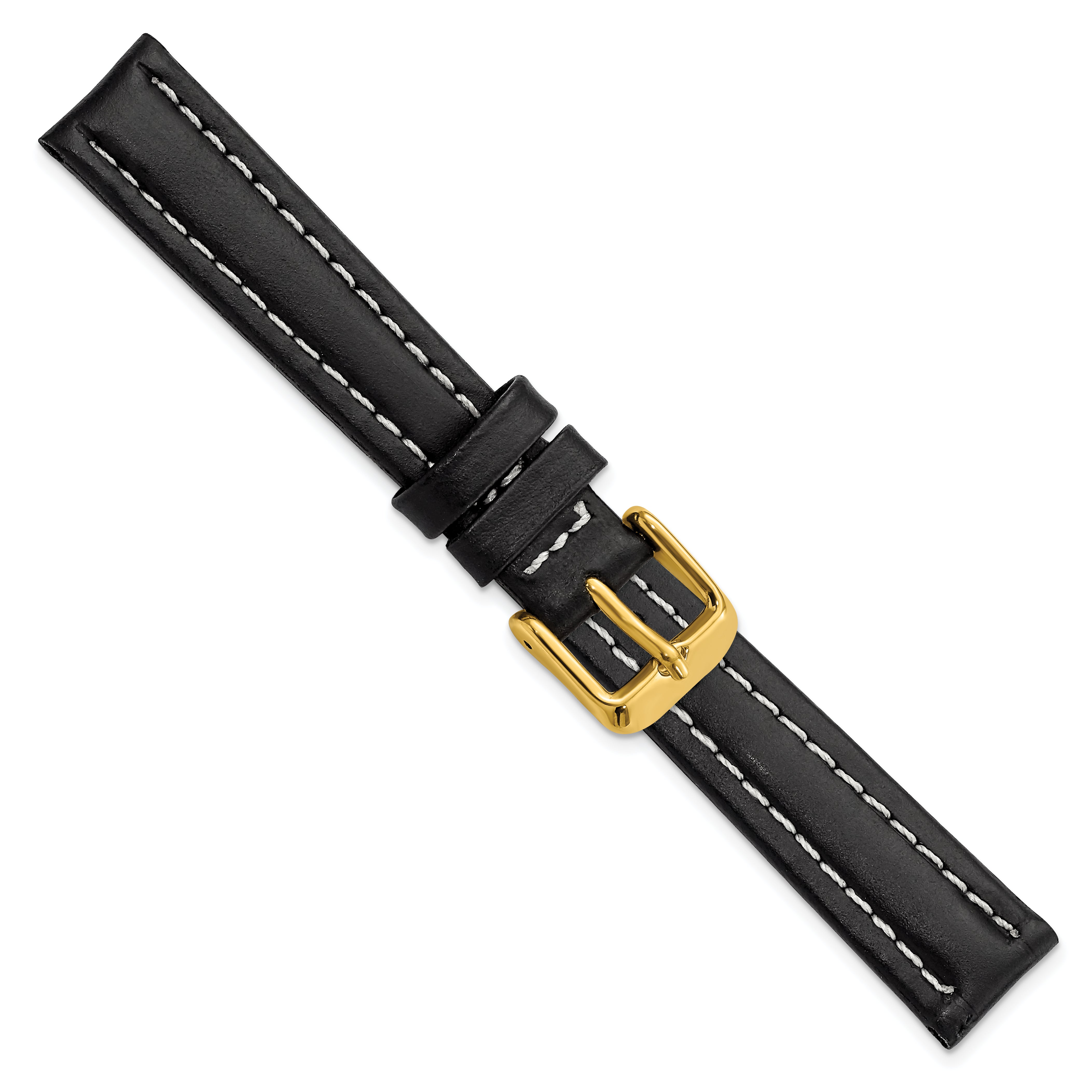 14mm Black Oil-tanned Leather with White Stitching and Gold-tone Buckle 6.75 inch Watch Band