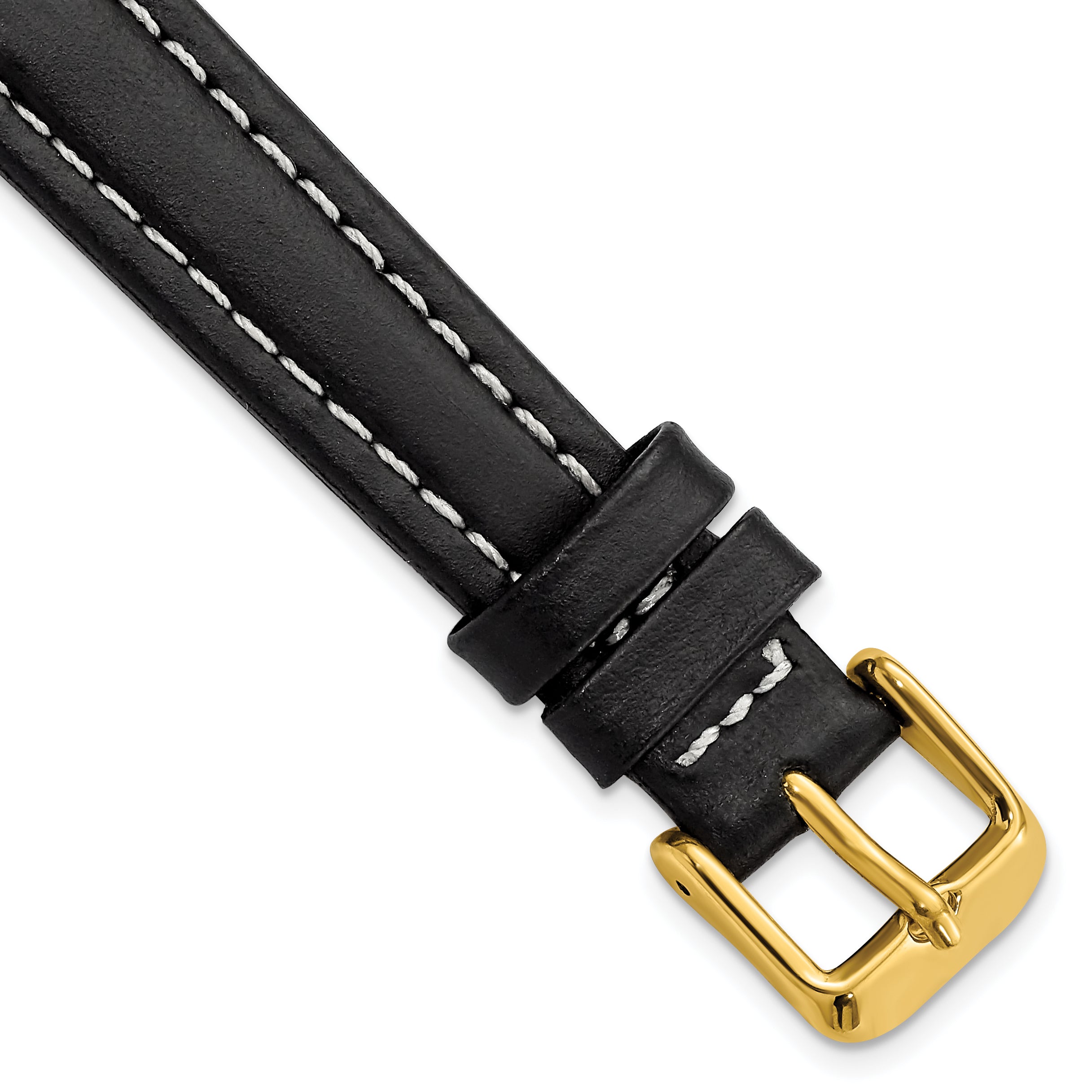 DeBeer 14mm Black Oil-tanned Leather with White Stitching and Gold-tone Buckle 6.75 inch Watch Band