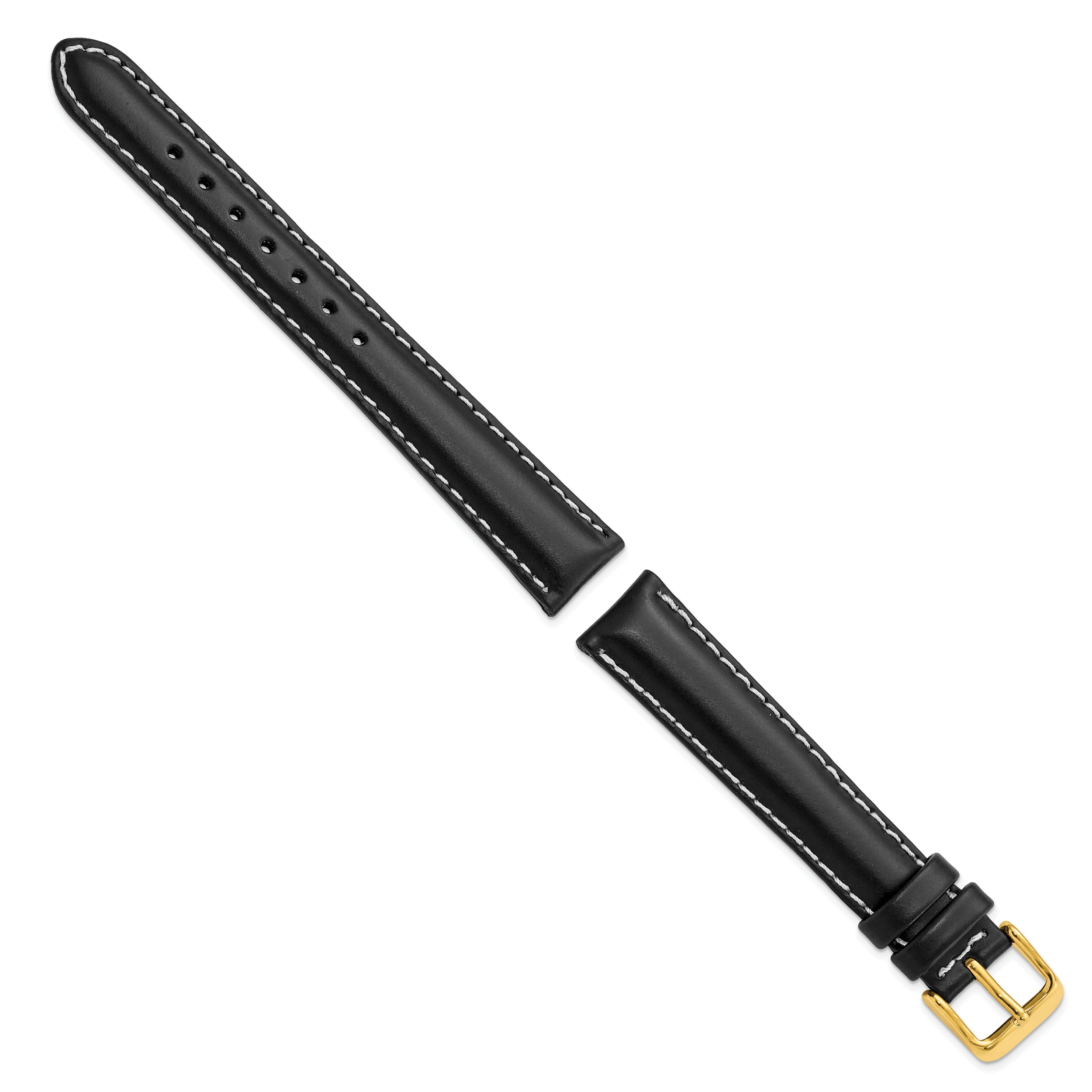 14mm Black Oil-tanned Leather with White Stitching and Gold-tone Buckle 6.75 inch Watch Band
