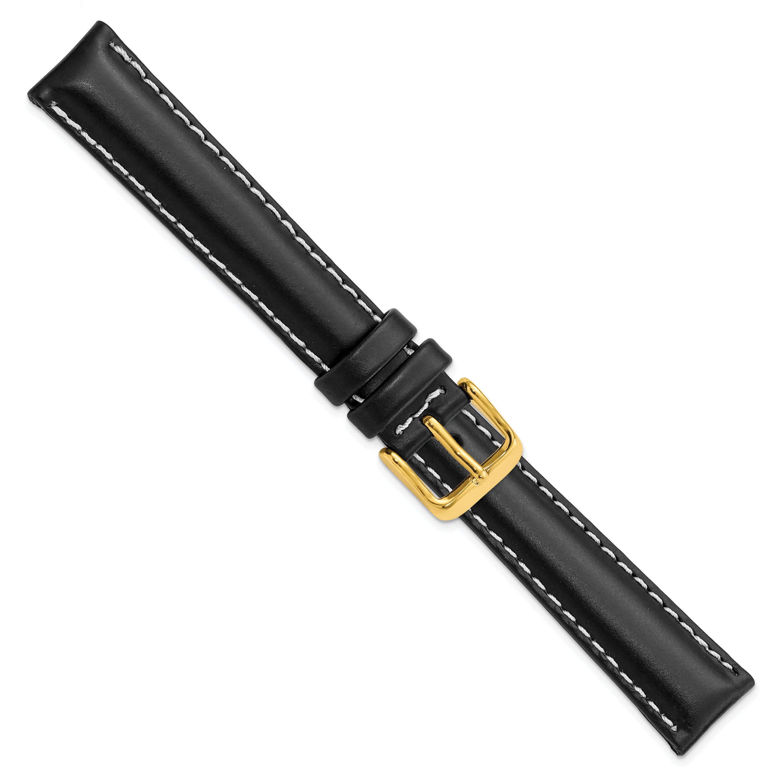 14mm Black Oil-tanned Leather with White Stitching and Gold-tone Buckle 6.75 inch Watch Band