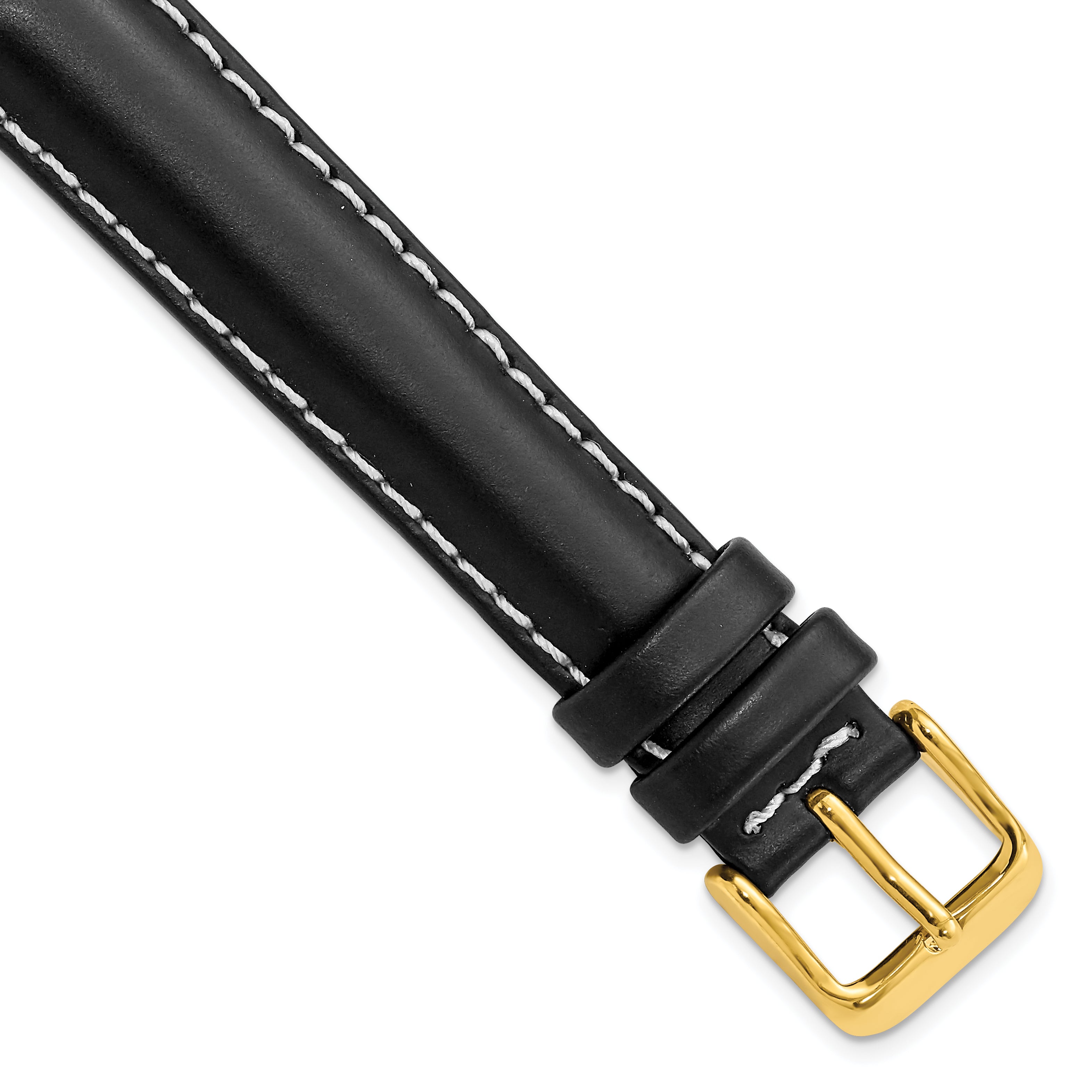 DeBeer 16mm Black Oil-tanned Leather with White Stitching and Gold-tone Buckle 7.5 inch Watch Band