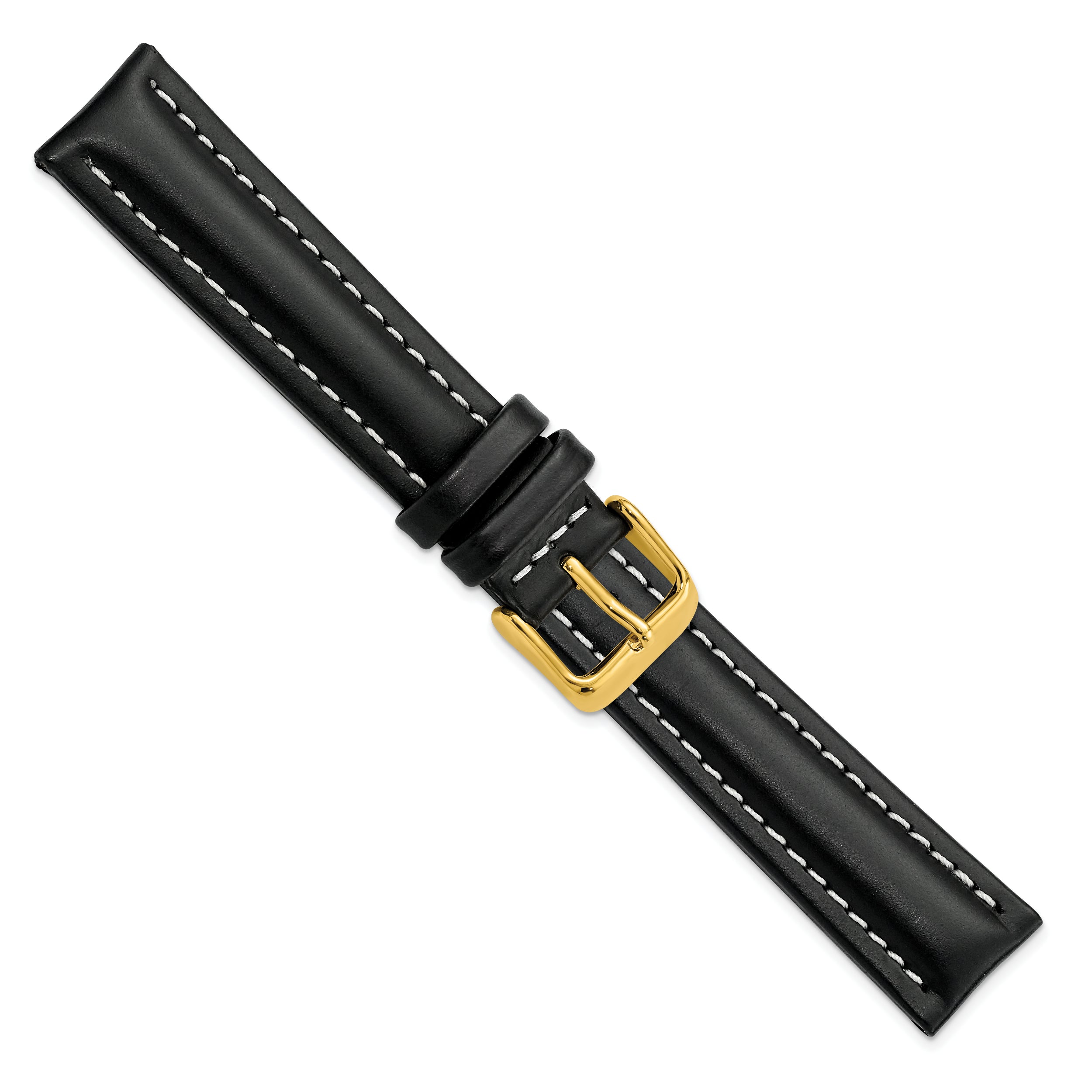 14mm Black Oil-tanned Leather with White Stitching and Gold-tone Buckle 6.75 inch Watch Band