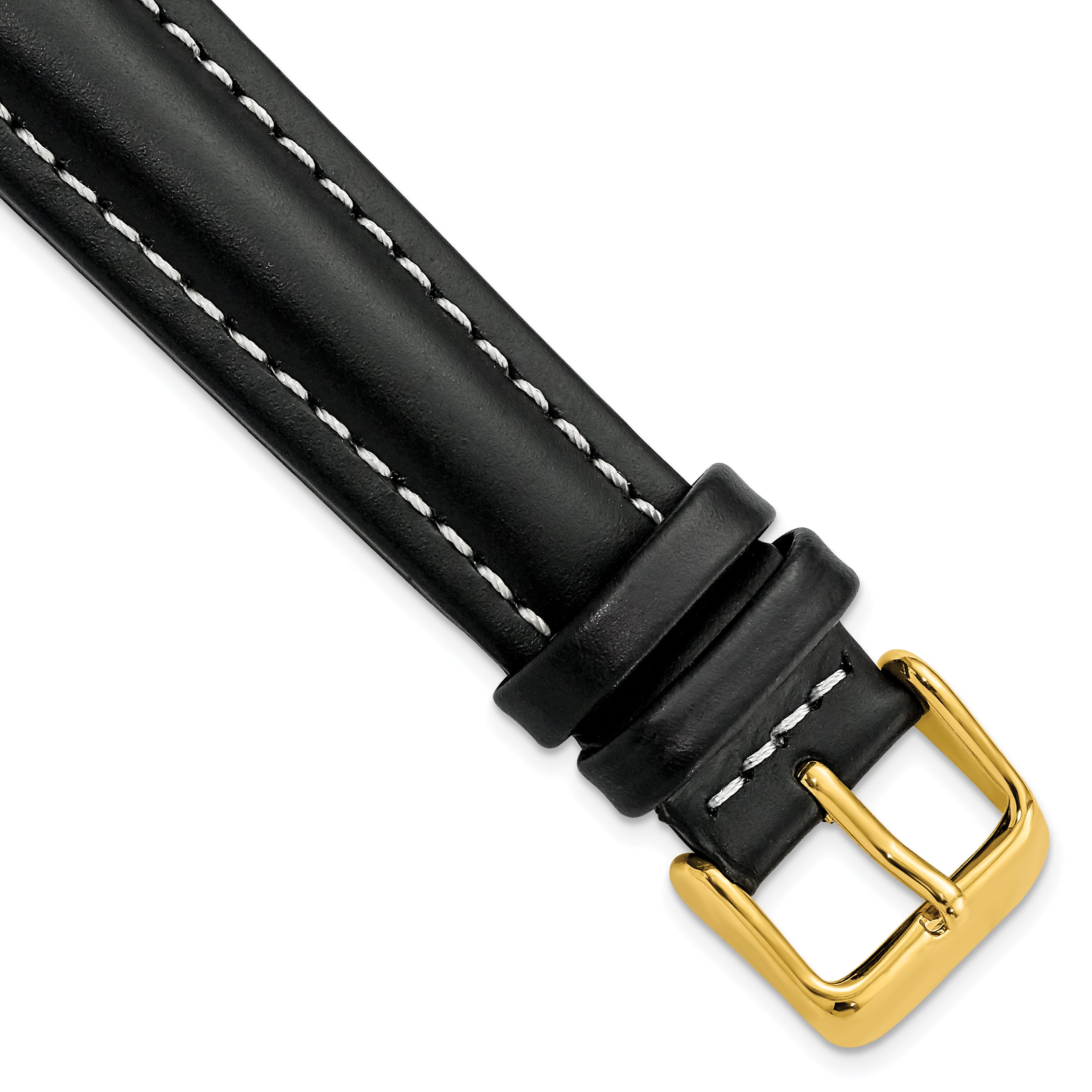 DeBeer 18mm Black Oil-tanned Leather with White Stitching and Gold-tone Buckle 7.5 inch Watch Band