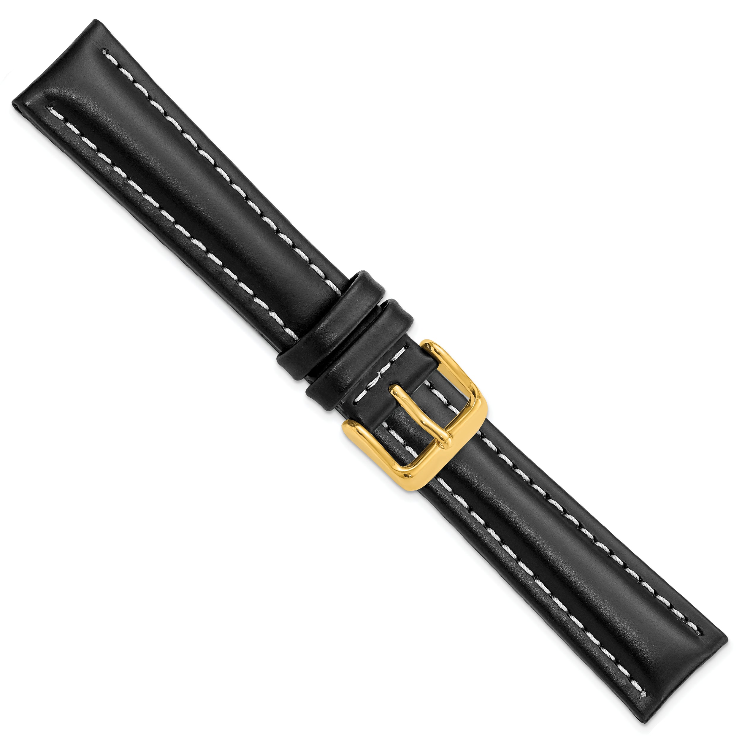 14mm Black Oil-tanned Leather with White Stitching and Gold-tone Buckle 6.75 inch Watch Band