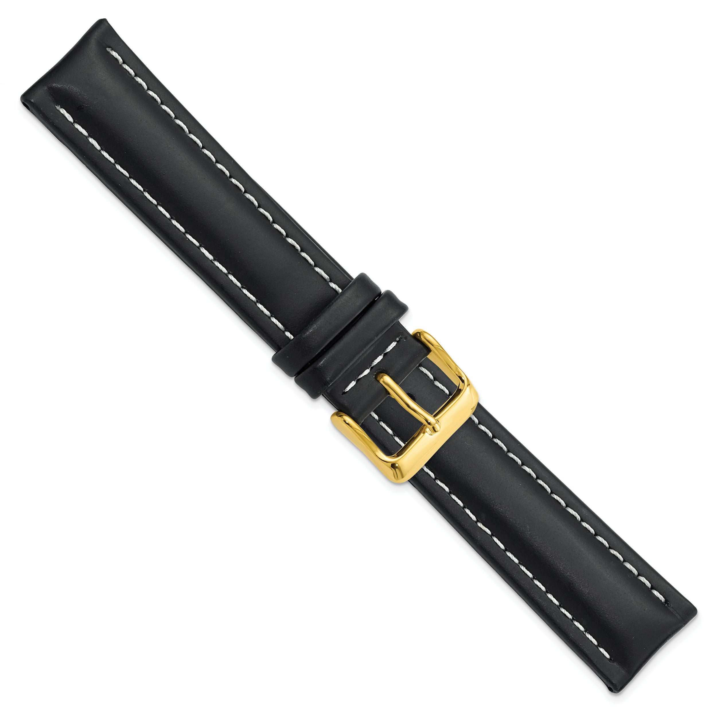 14mm Black Oil-tanned Leather with White Stitching and Gold-tone Buckle 6.75 inch Watch Band