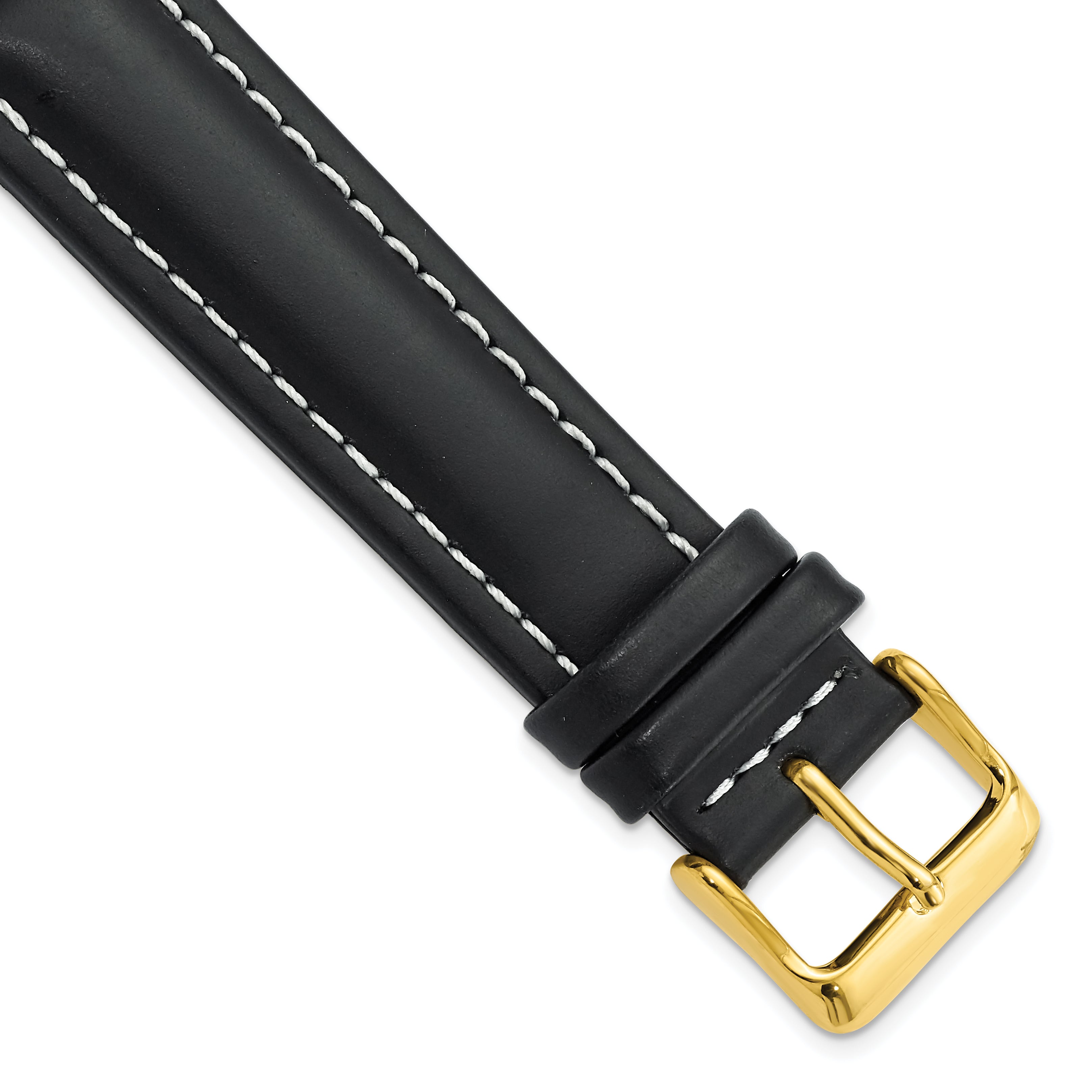 DeBeer 20mm Black Oil-tanned Leather with White Stitching and Gold-tone Buckle 7.5 inch Watch Band