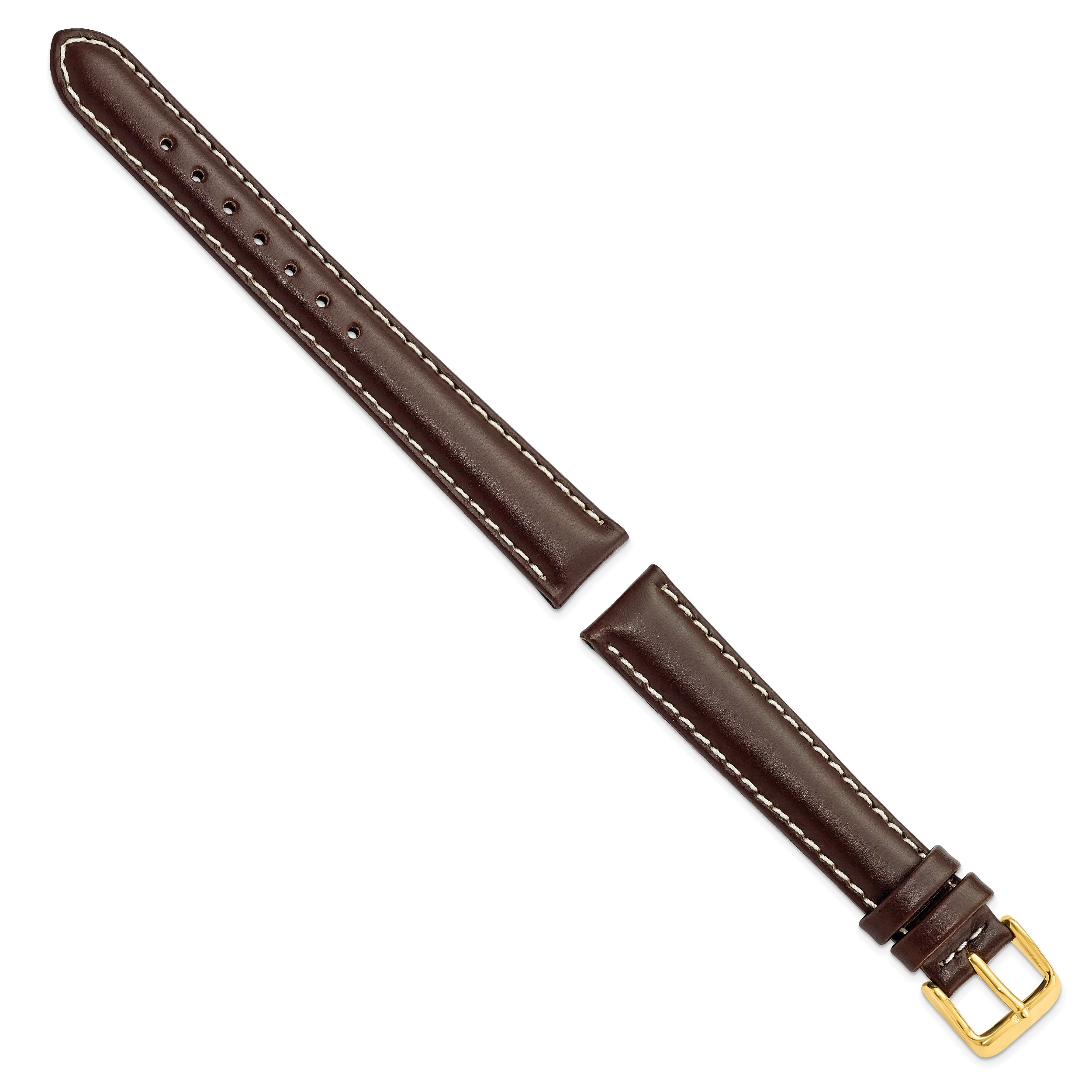 14mm Dark Brown Oil-tanned Leather with White Stitching and Gold-tone Buckle 6.75 inch Watch Band