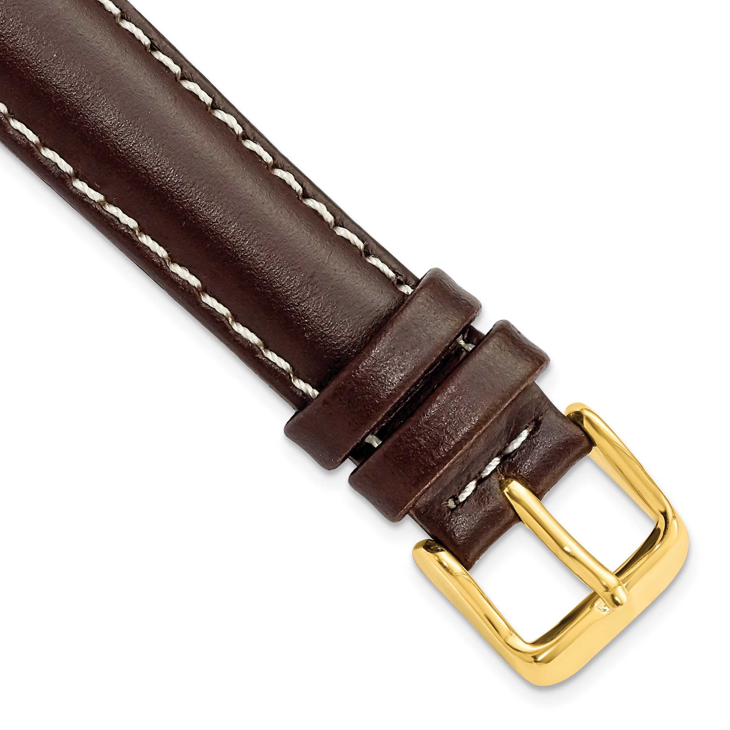 DeBeer 16mm Dark Brown Oil-tanned Leather with White Stitching and Gold-tone Buckle 7.5 inch Watch Band