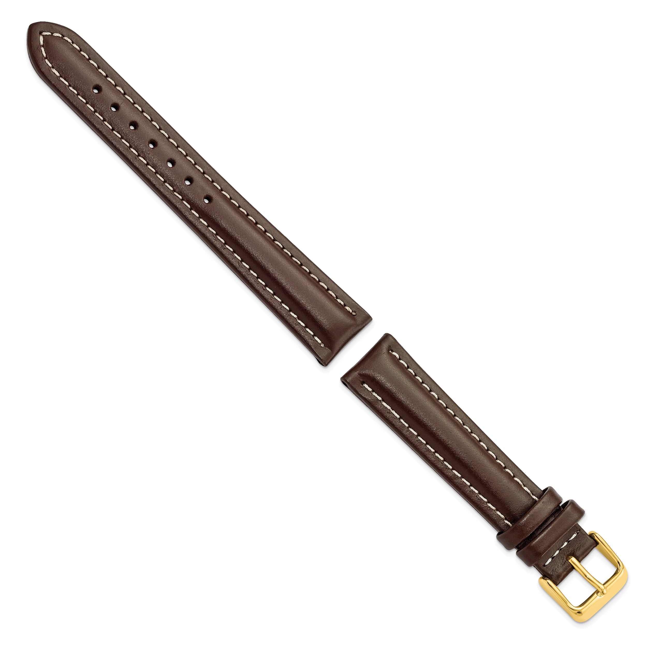 14mm Dark Brown Oil-tanned Leather with White Stitching and Gold-tone Buckle 6.75 inch Watch Band