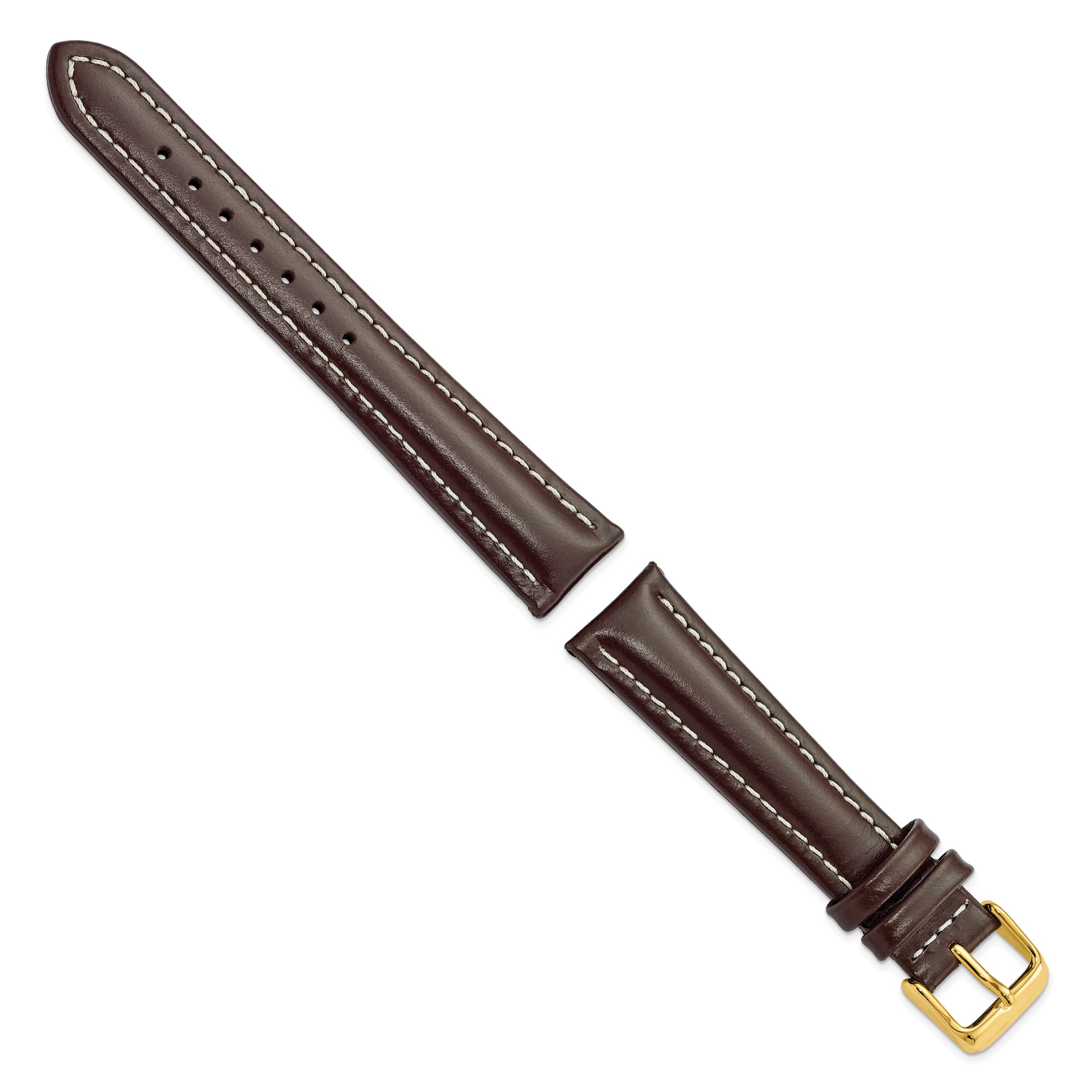 14mm Dark Brown Oil-tanned Leather with White Stitching and Gold-tone Buckle 6.75 inch Watch Band