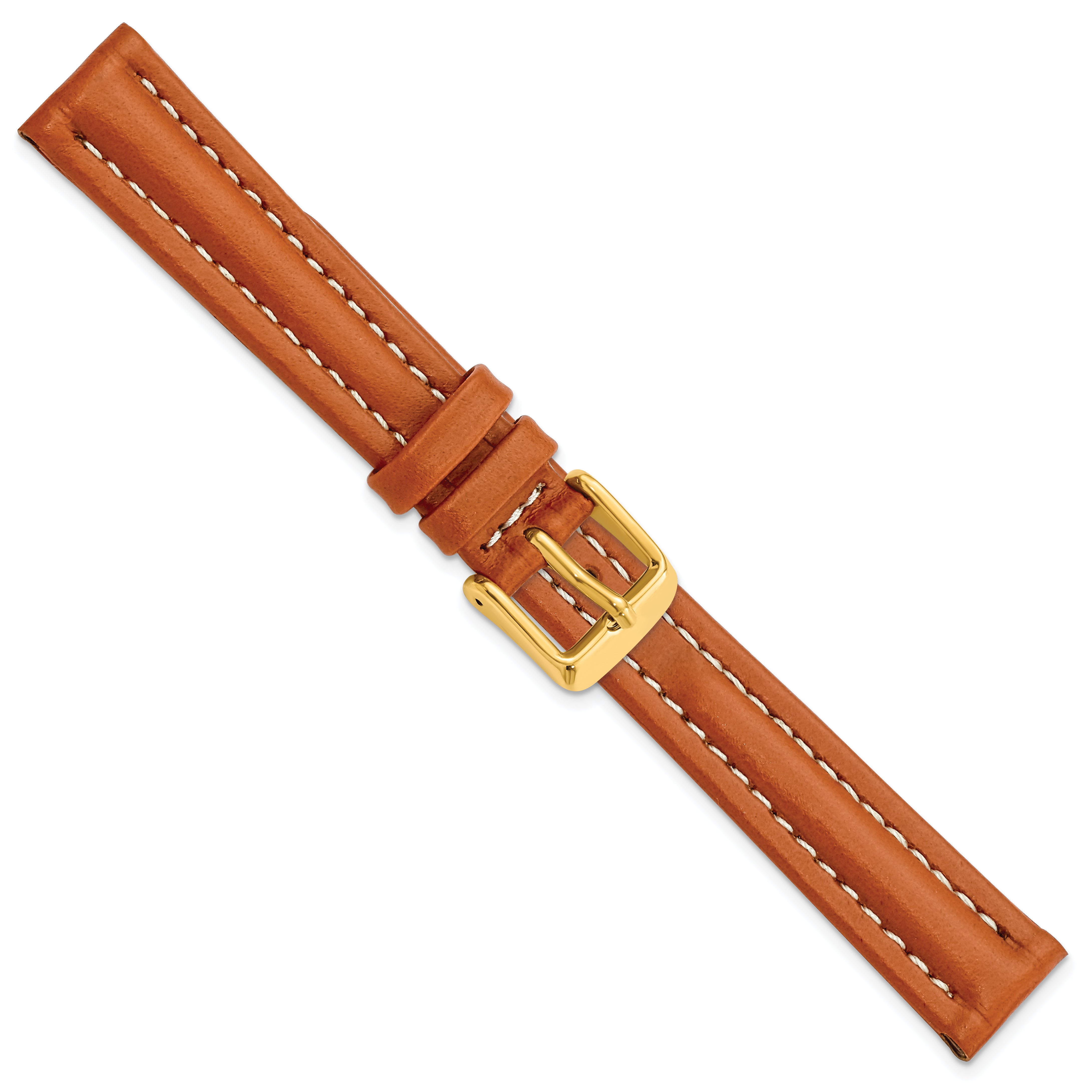 14mm Saddle Brown Oil-tanned Leather with White Stitching and Gold-tone Buckle 6.75 inch Watch Band