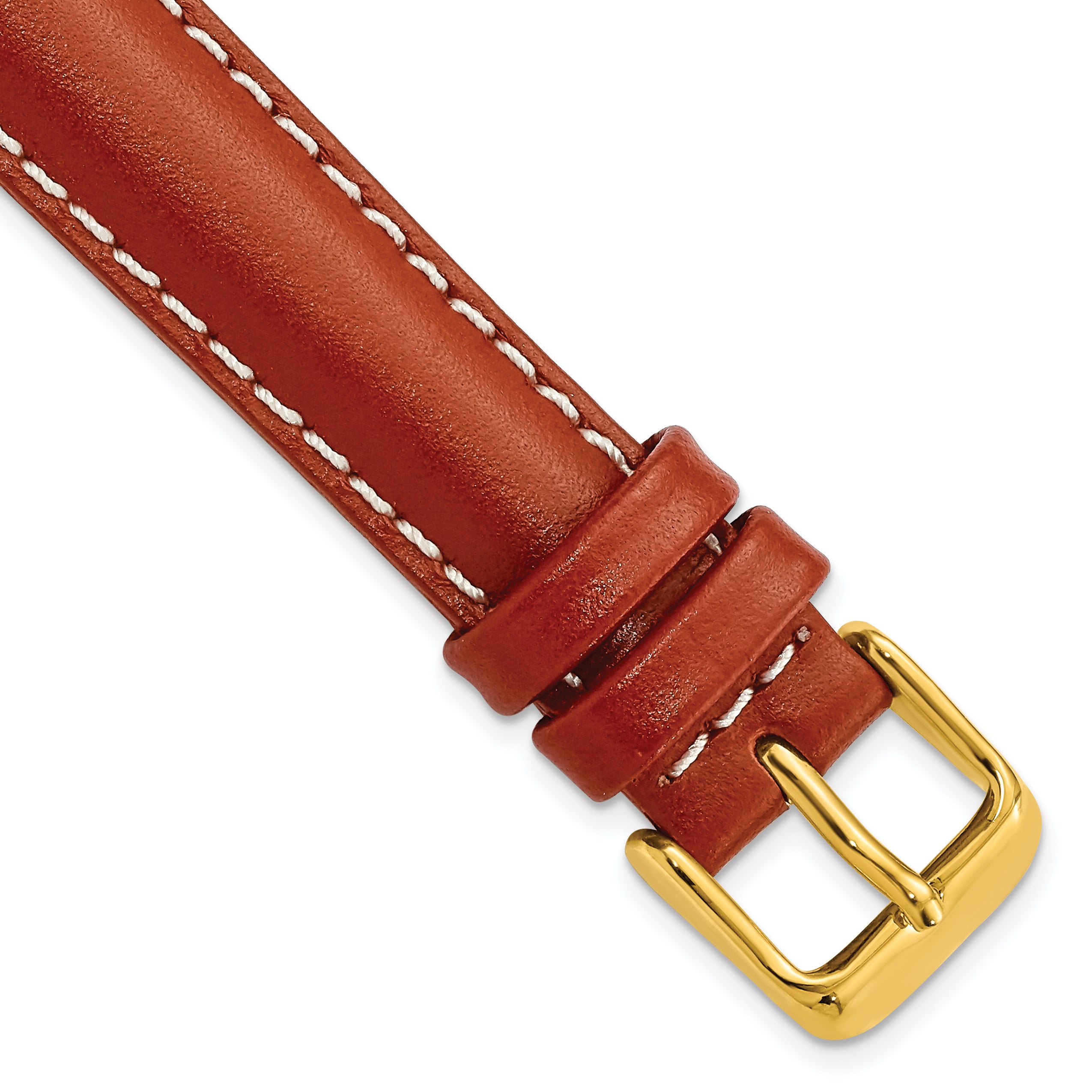 DeBeer 16mm Saddle Brown Oil-tanned Leather with White Stitching and Gold-tone Buckle 7.5 inch Watch Band