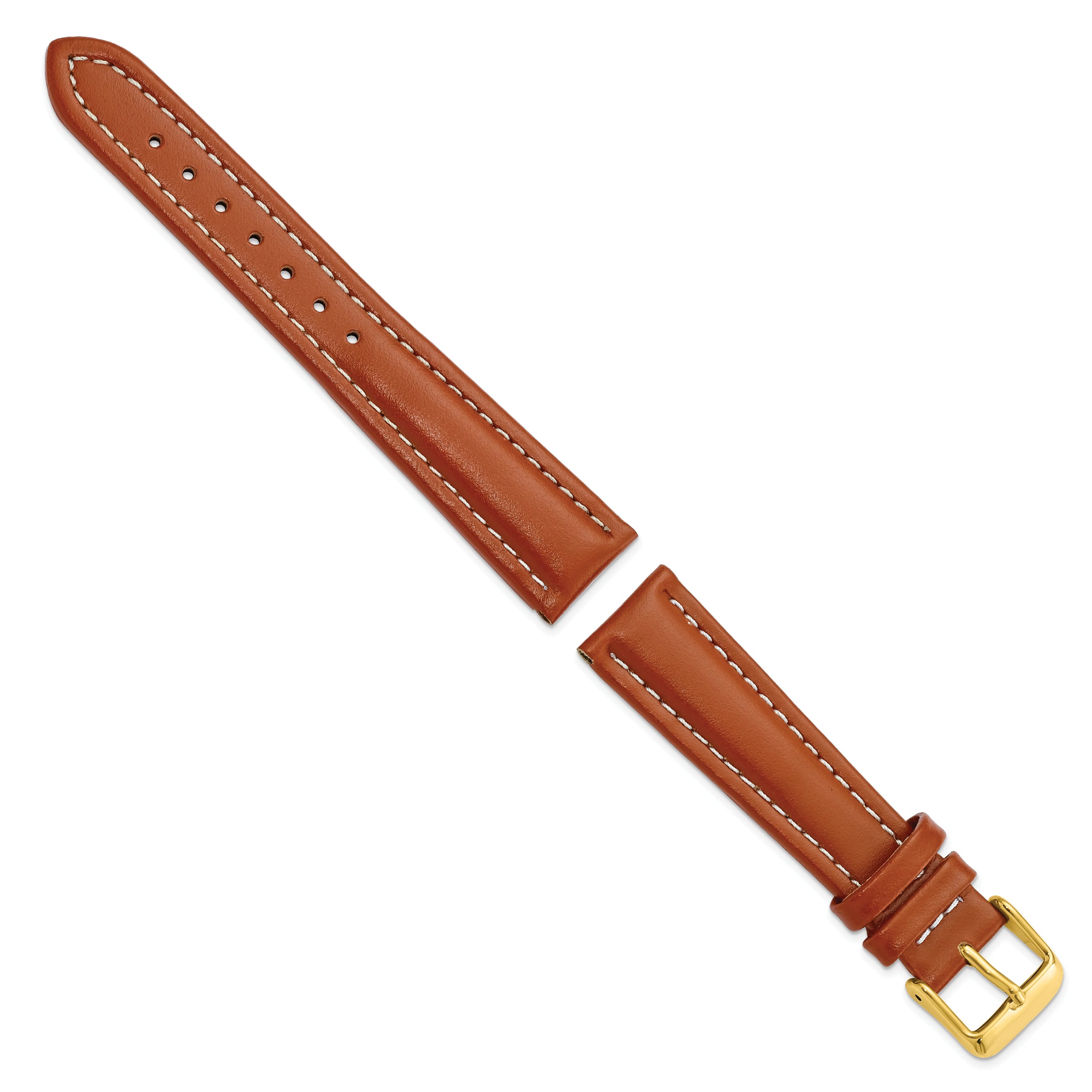 14mm Saddle Brown Oil-tanned Leather with White Stitching and Gold-tone Buckle 6.75 inch Watch Band