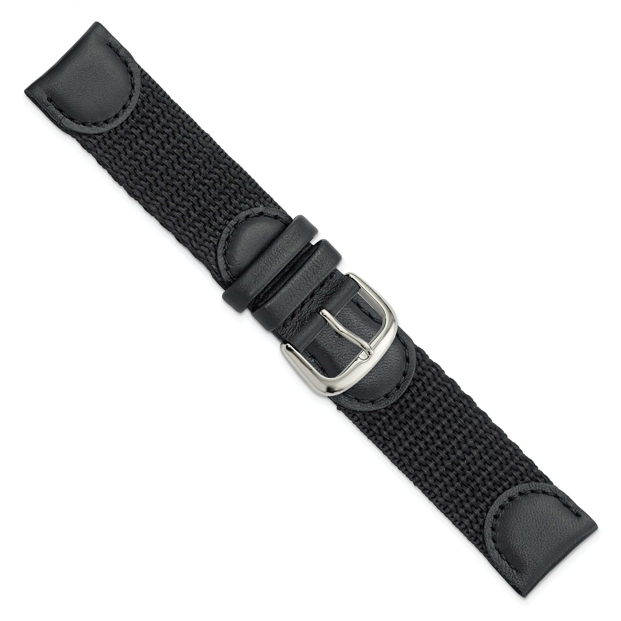 20mm Black Army Style Nylon and Leather with Stainless Steel Buckle 7.75 inch Watch Band - 20 / 7.75