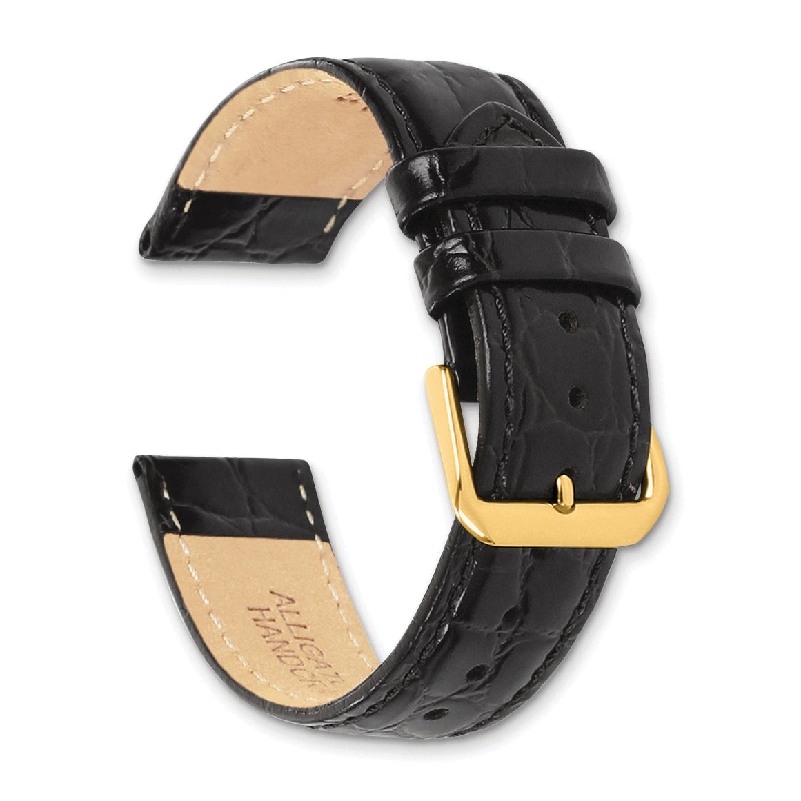 16mm Extra Long Black Alligator Grain Leather with Gold-tone Buckle 9.5 inch Watch Band