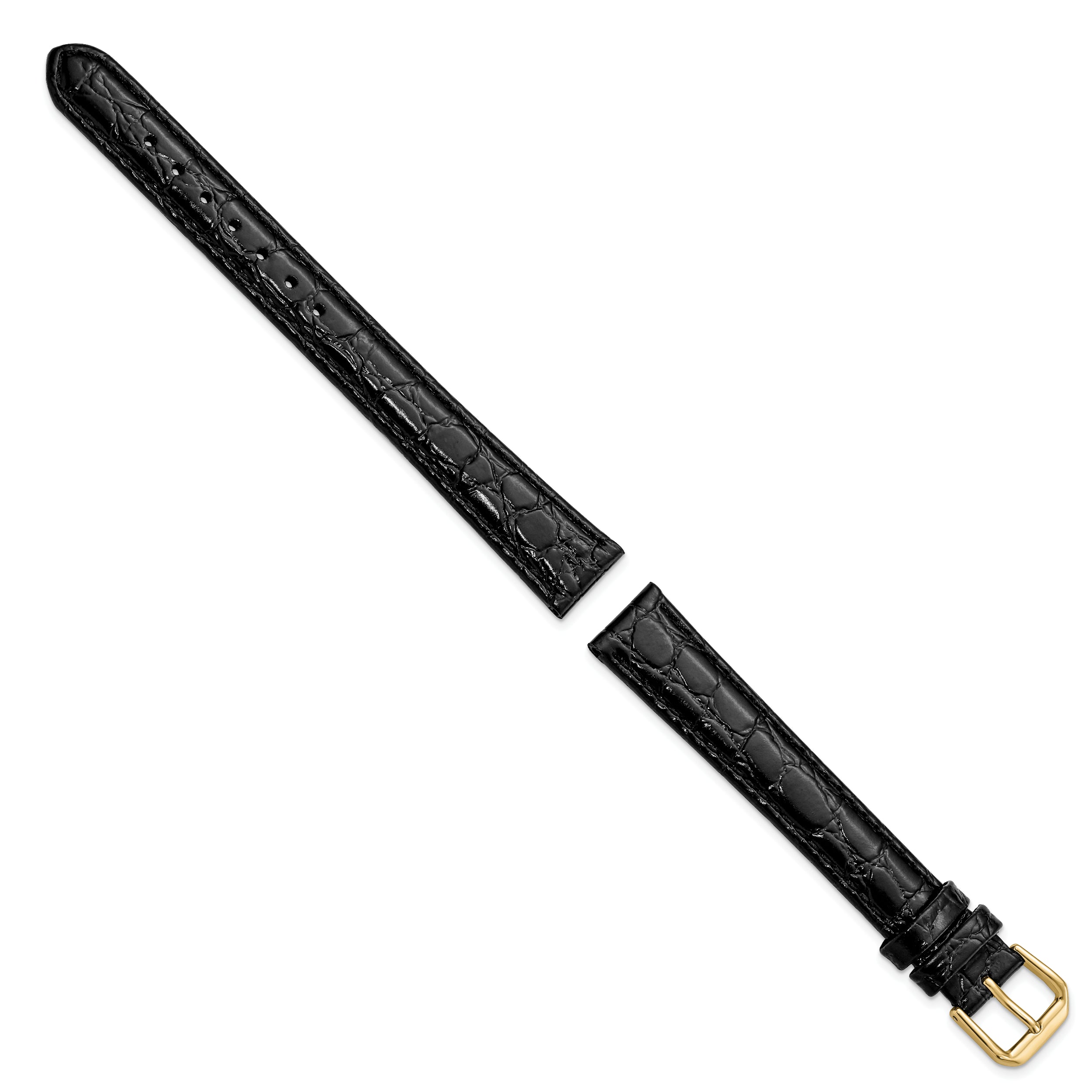 16mm Extra Long Black Alligator Grain Leather with Gold-tone Buckle 9.5 inch Watch Band