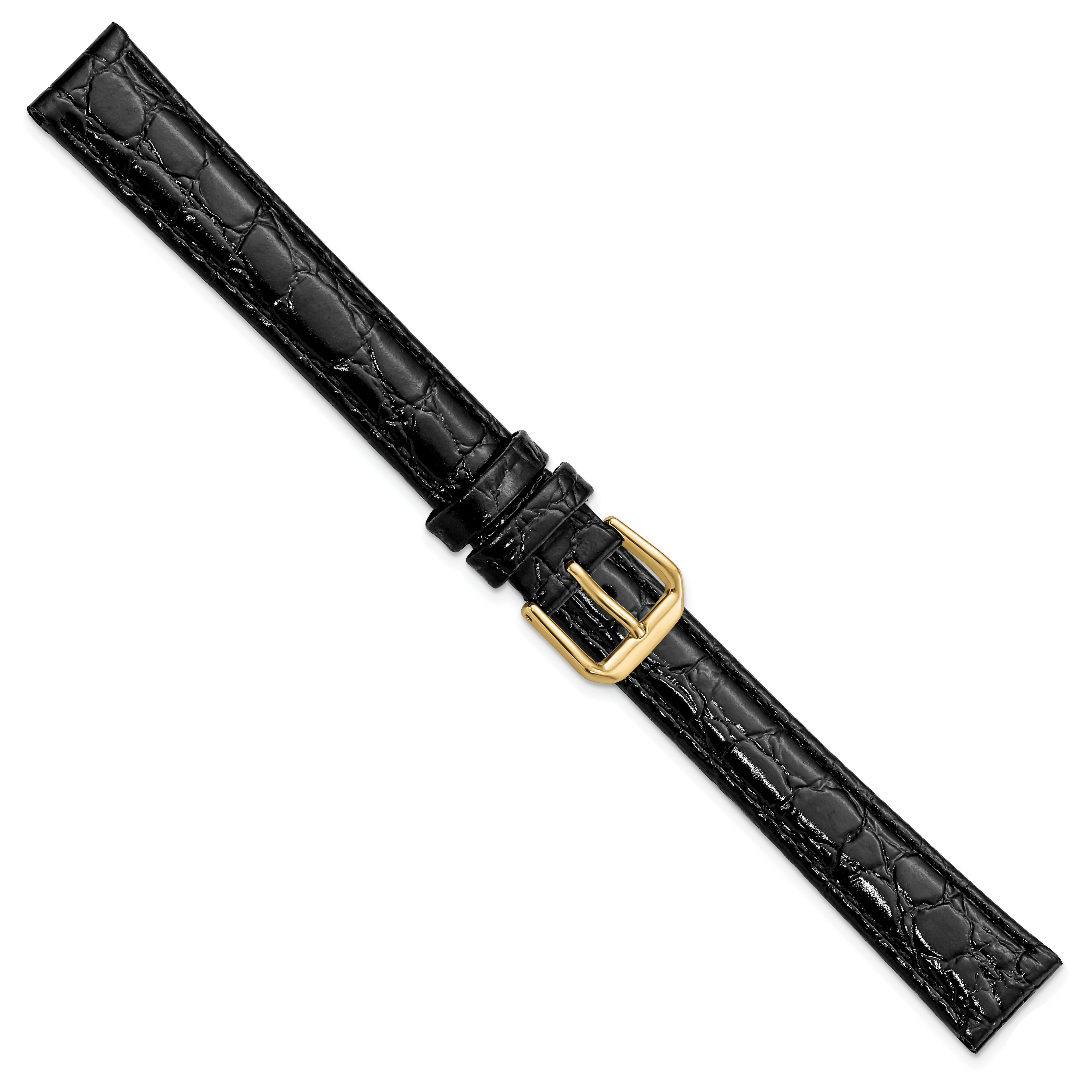 16mm Extra Long Black Alligator Grain Leather with Gold-tone Buckle 9.5 inch Watch Band - 16 / 9.5