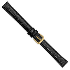 16mm Extra Long Black Alligator Grain Leather with Gold-tone Buckle 9.5 inch Watch Band - 16 / 9.5