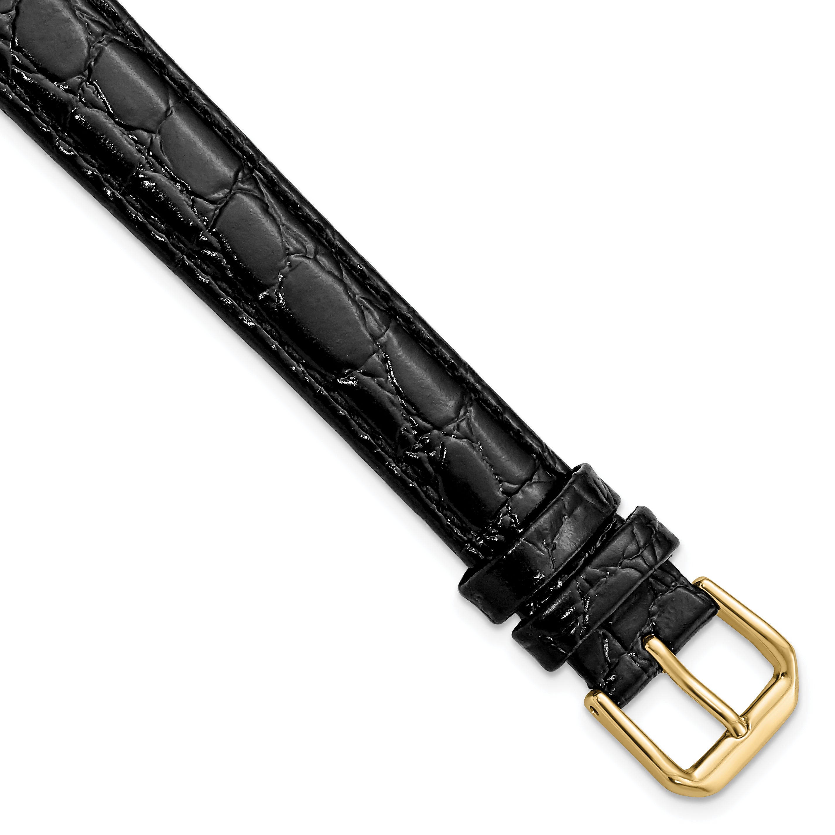 DeBeer 16mm Extra Long Black Alligator Grain Leather with Gold-tone Buckle 9.5 inch Watch Band