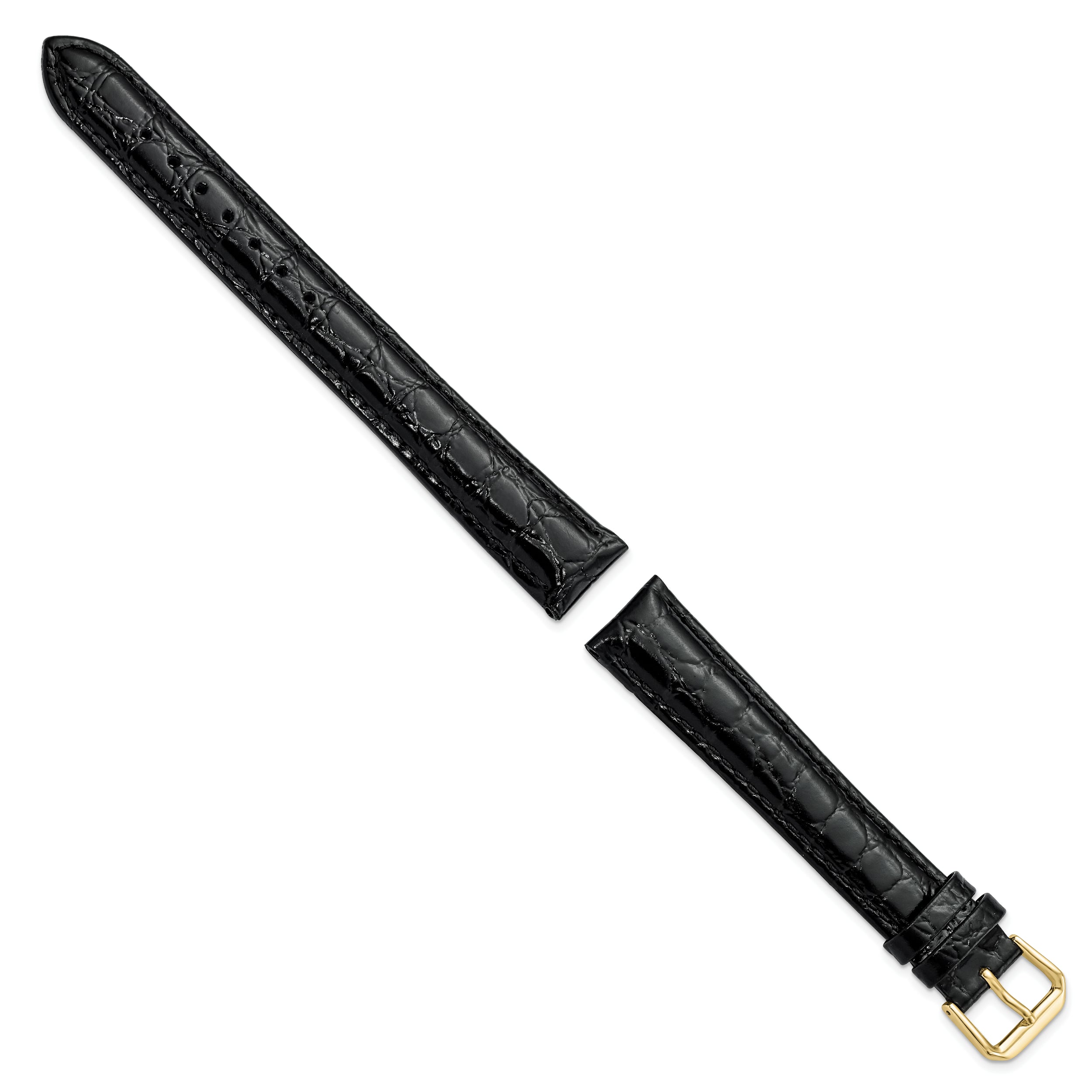 16mm Extra Long Black Alligator Grain Leather with Gold-tone Buckle 9.5 inch Watch Band
