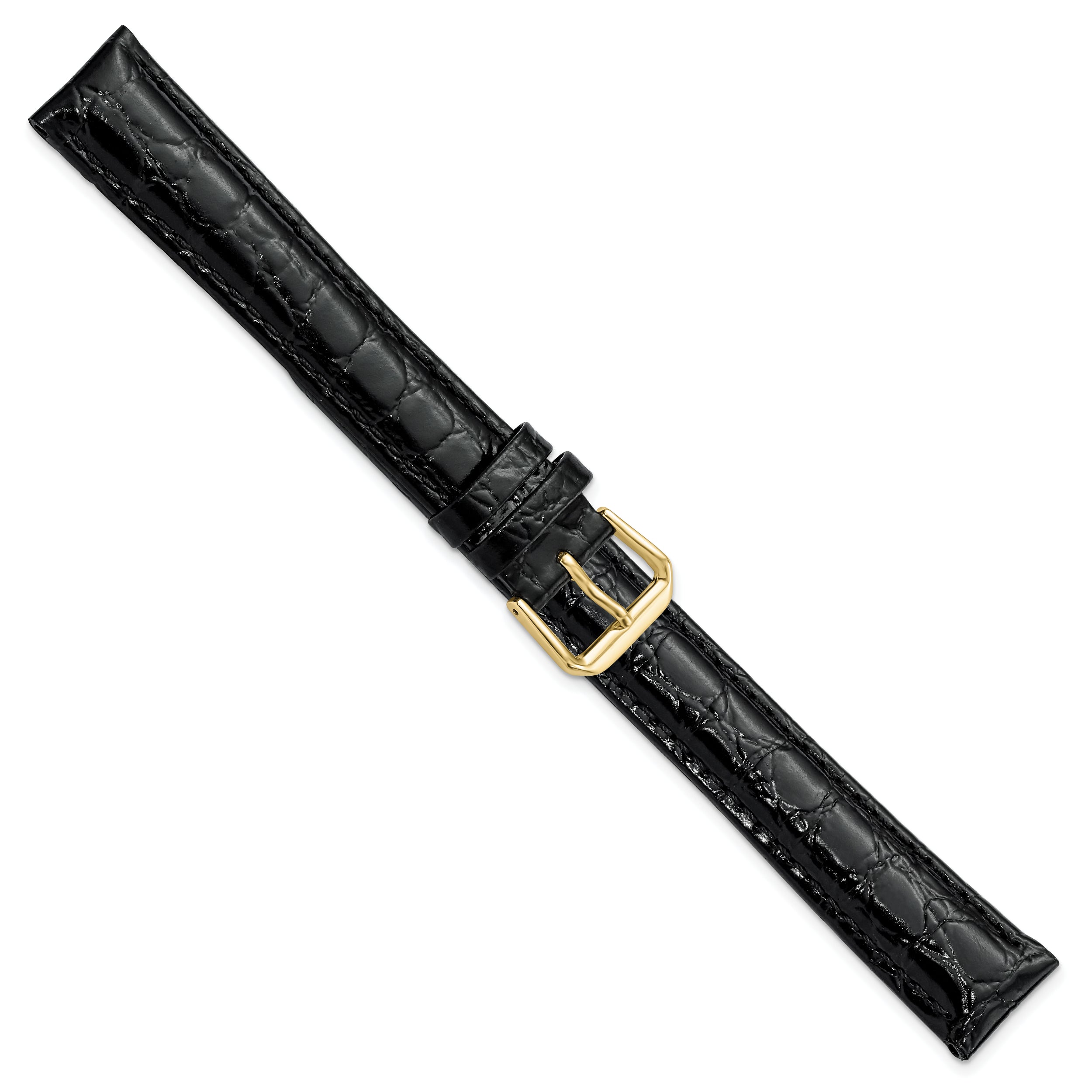 16mm Extra Long Black Alligator Grain Leather with Gold-tone Buckle 9.5 inch Watch Band