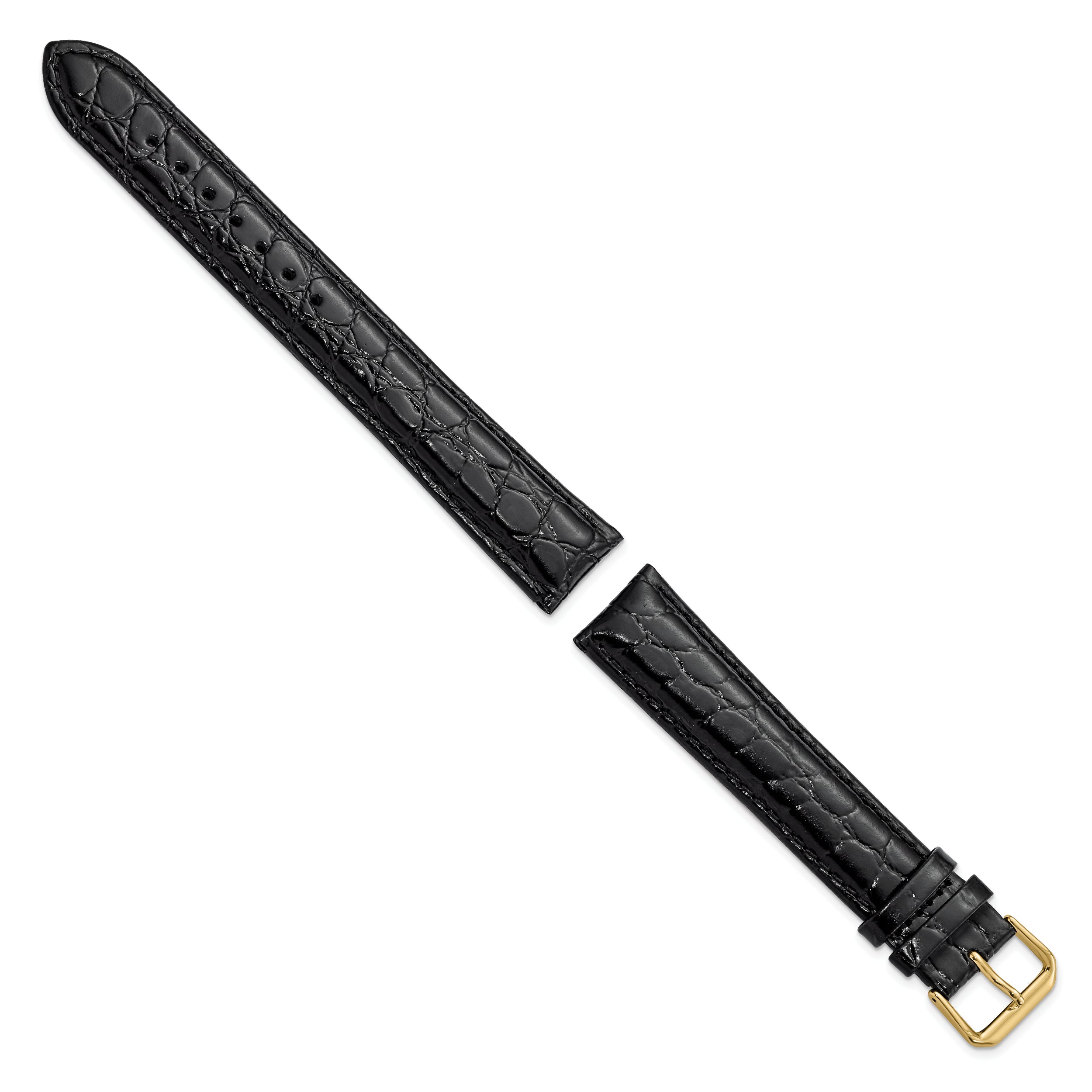 16mm Extra Long Black Alligator Grain Leather with Gold-tone Buckle 9.5 inch Watch Band