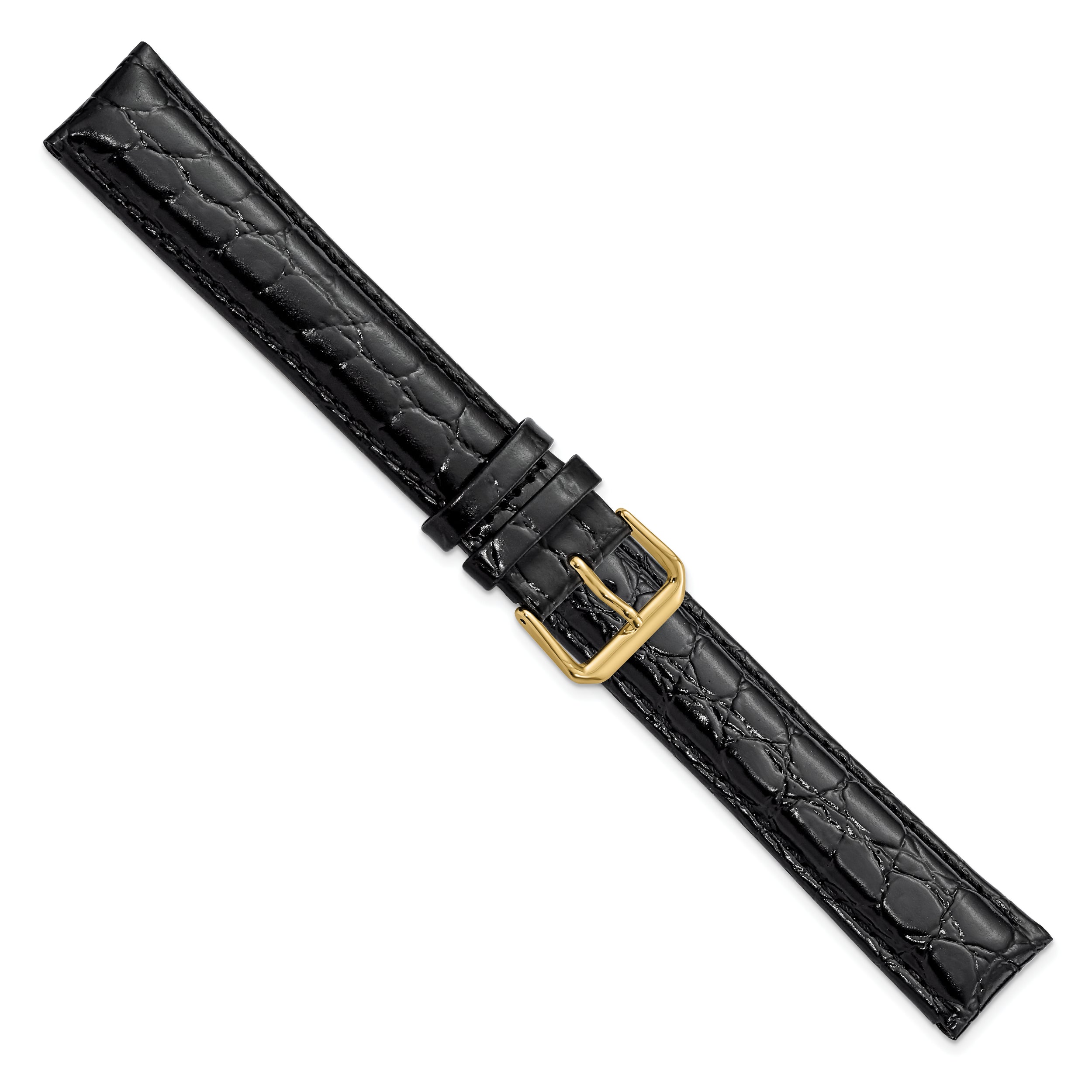 16mm Extra Long Black Alligator Grain Leather with Gold-tone Buckle 9.5 inch Watch Band - 16 / 9.5