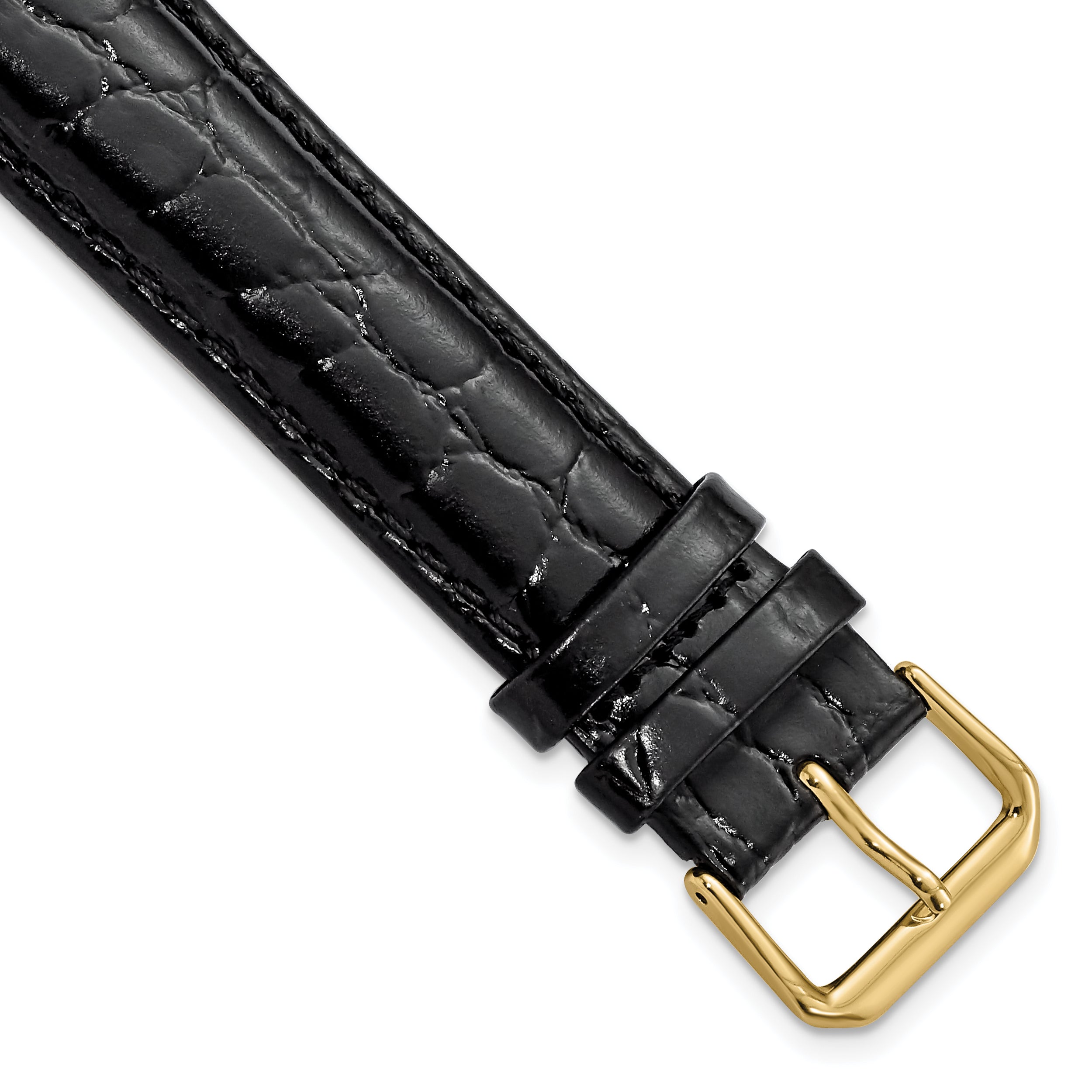 DeBeer 20mm Extra Long Black Alligator Grain Leather with Gold-tone Buckle 9.5 inch Watch Band